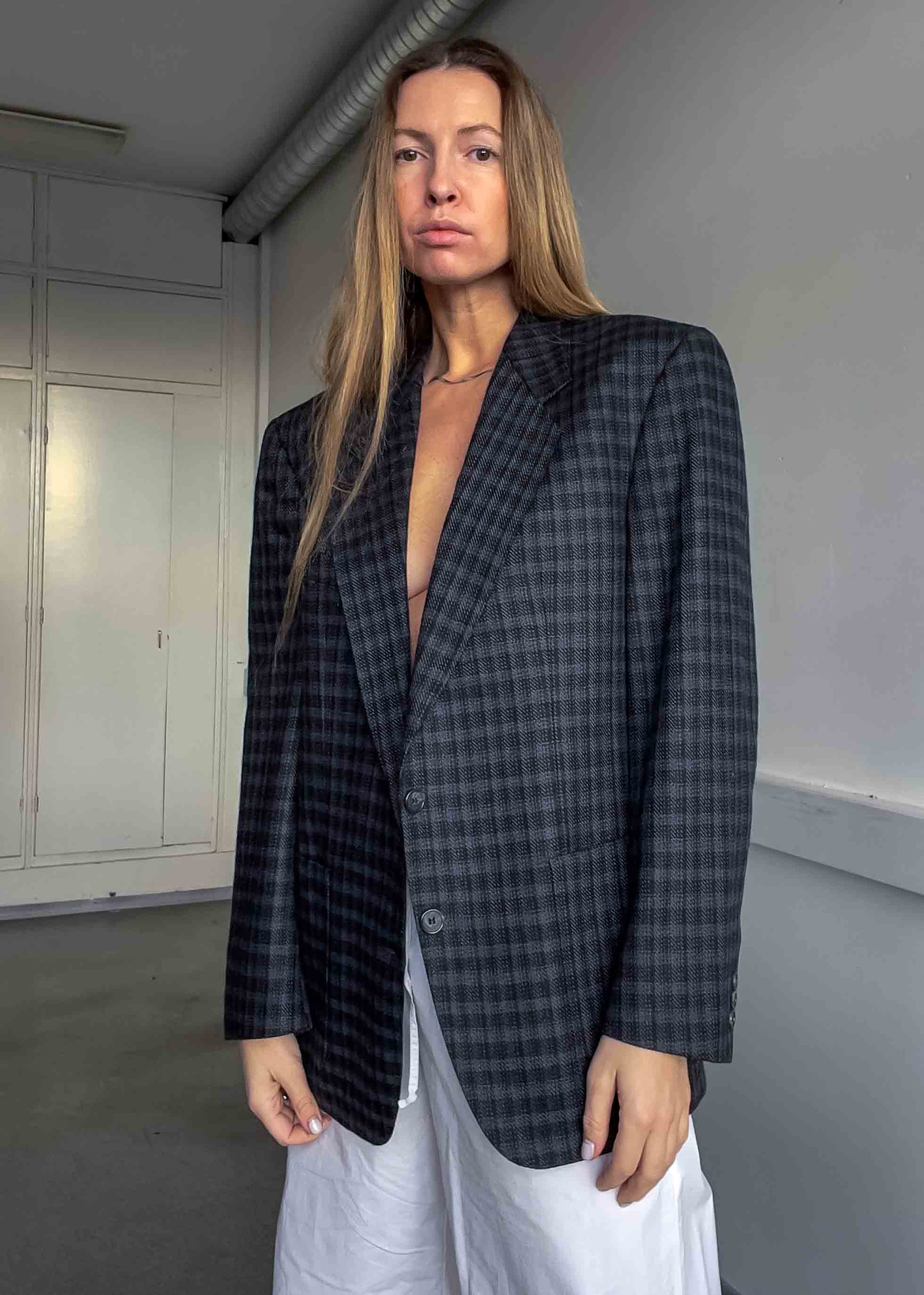 Vintage Dark Grey Checked Oversized Blazer