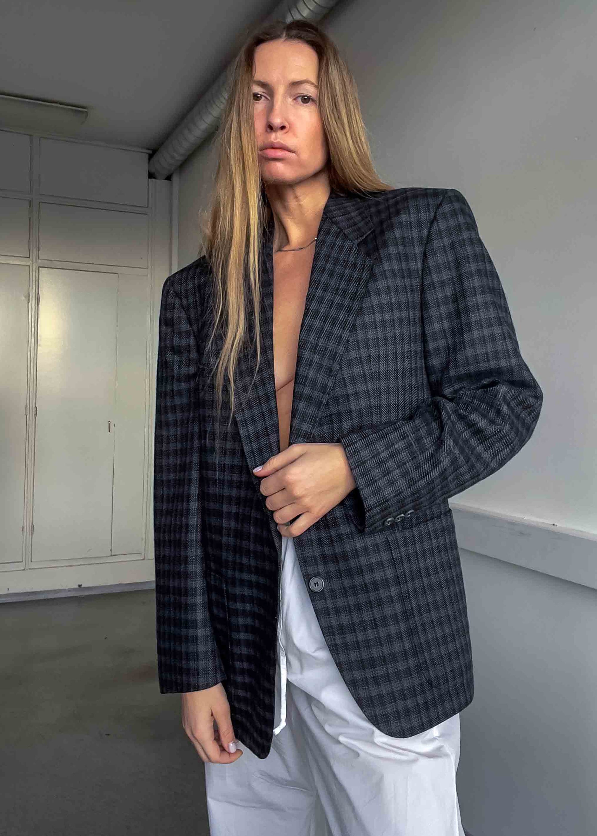 Vintage Dark Grey Checked Oversized Blazer