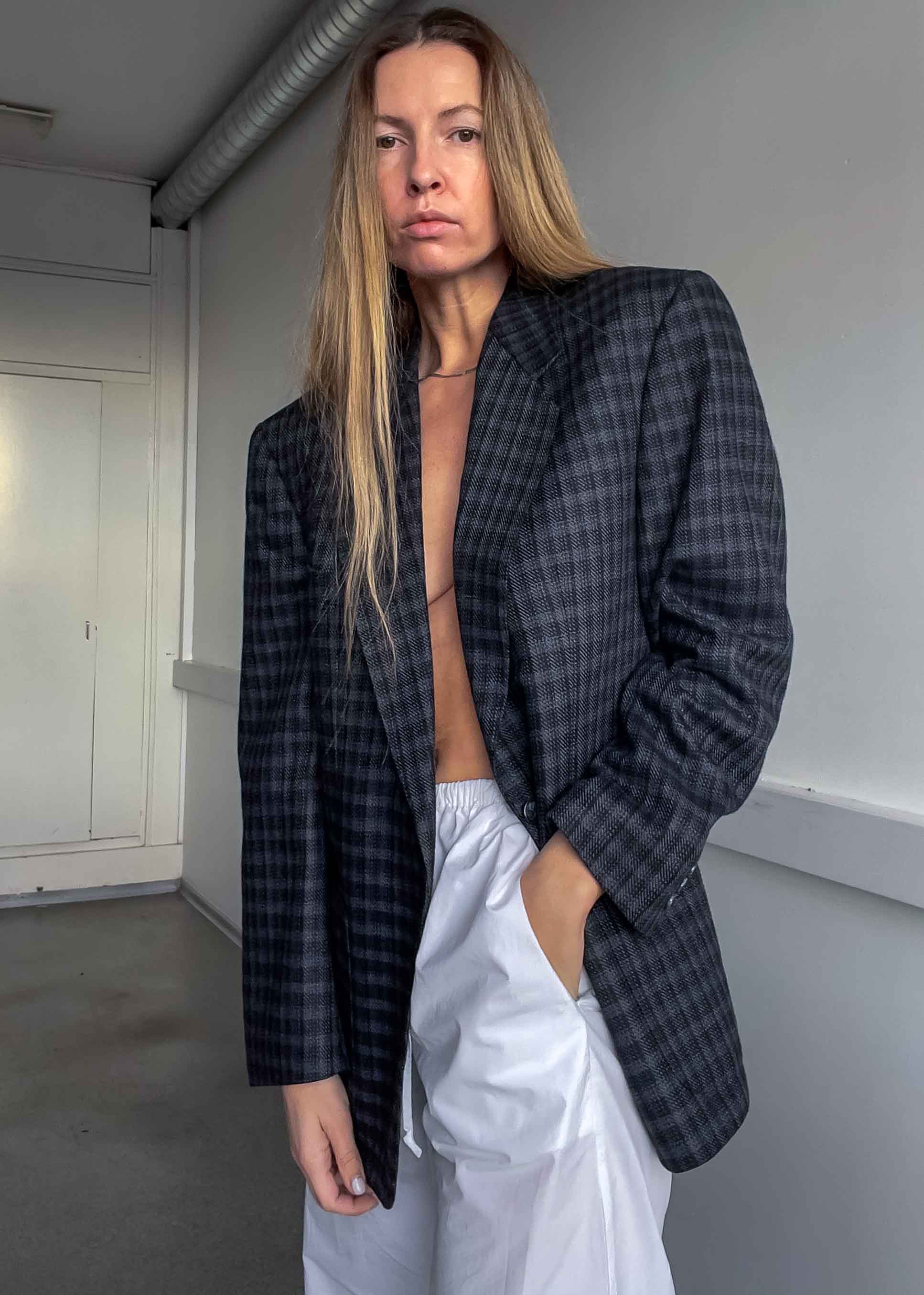 Vintage Dark Grey Checked Oversized Blazer