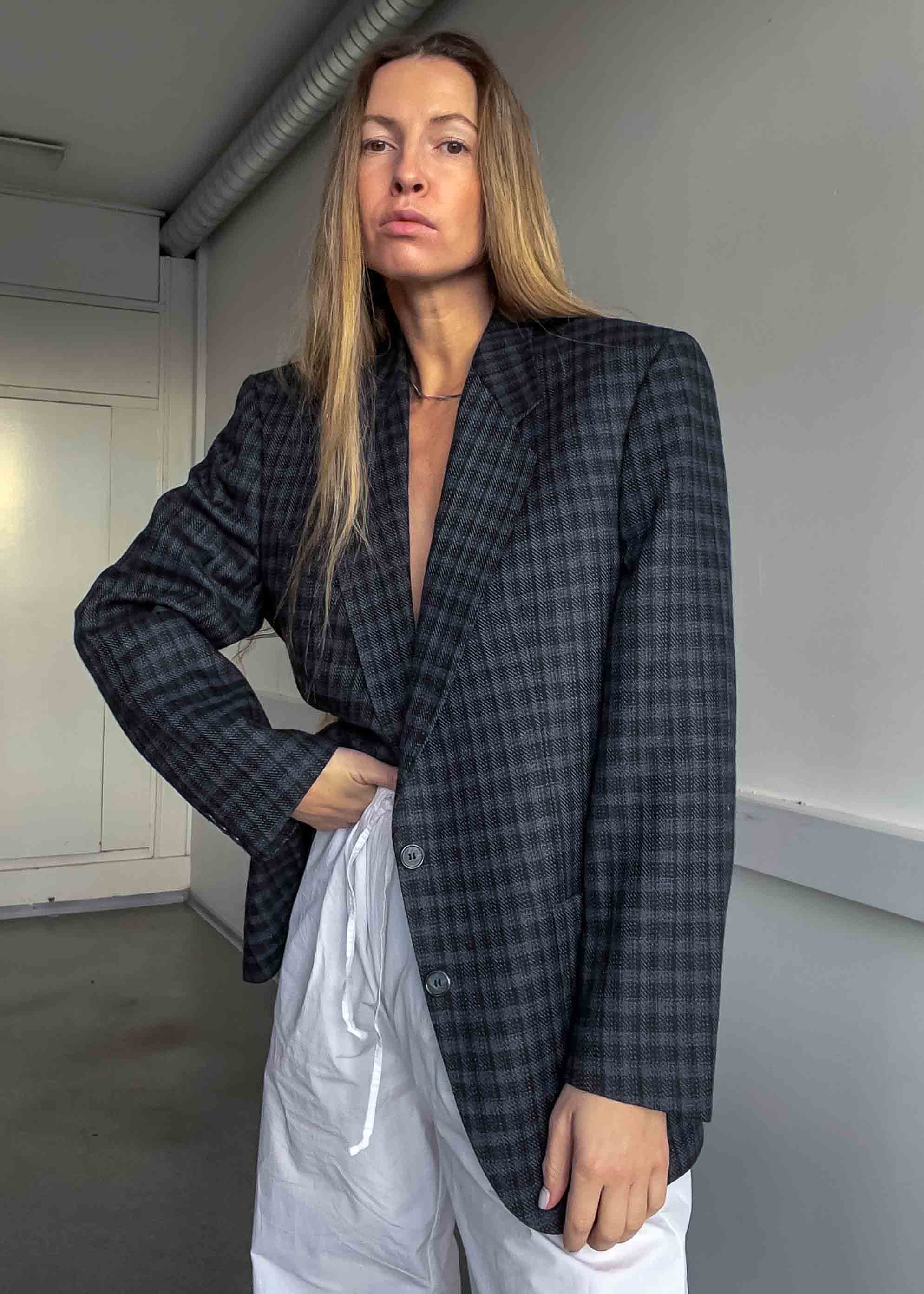 Vintage Dark Grey Checked Oversized Blazer