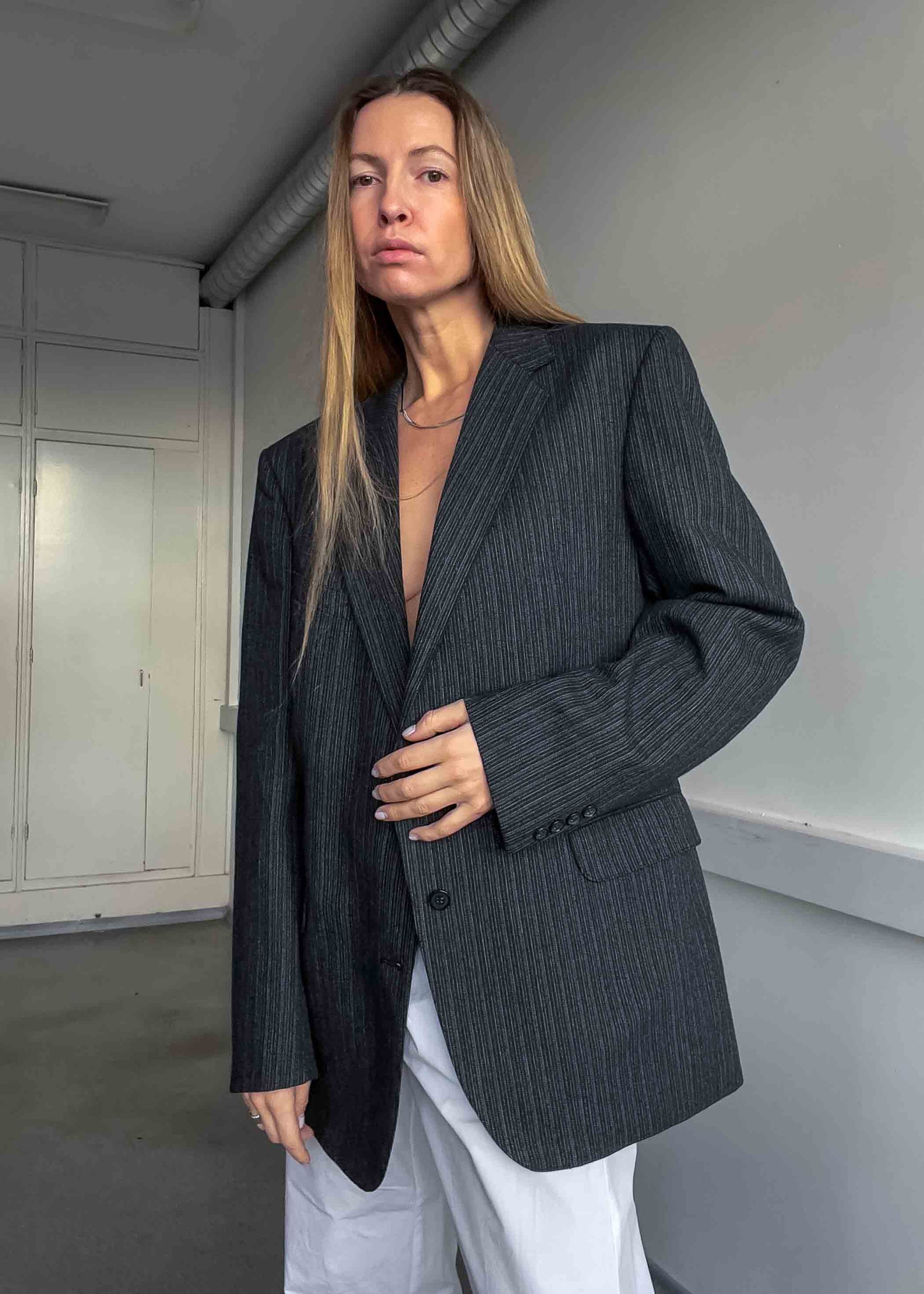 Vintage Dark Grey Striped Oversized Blazer