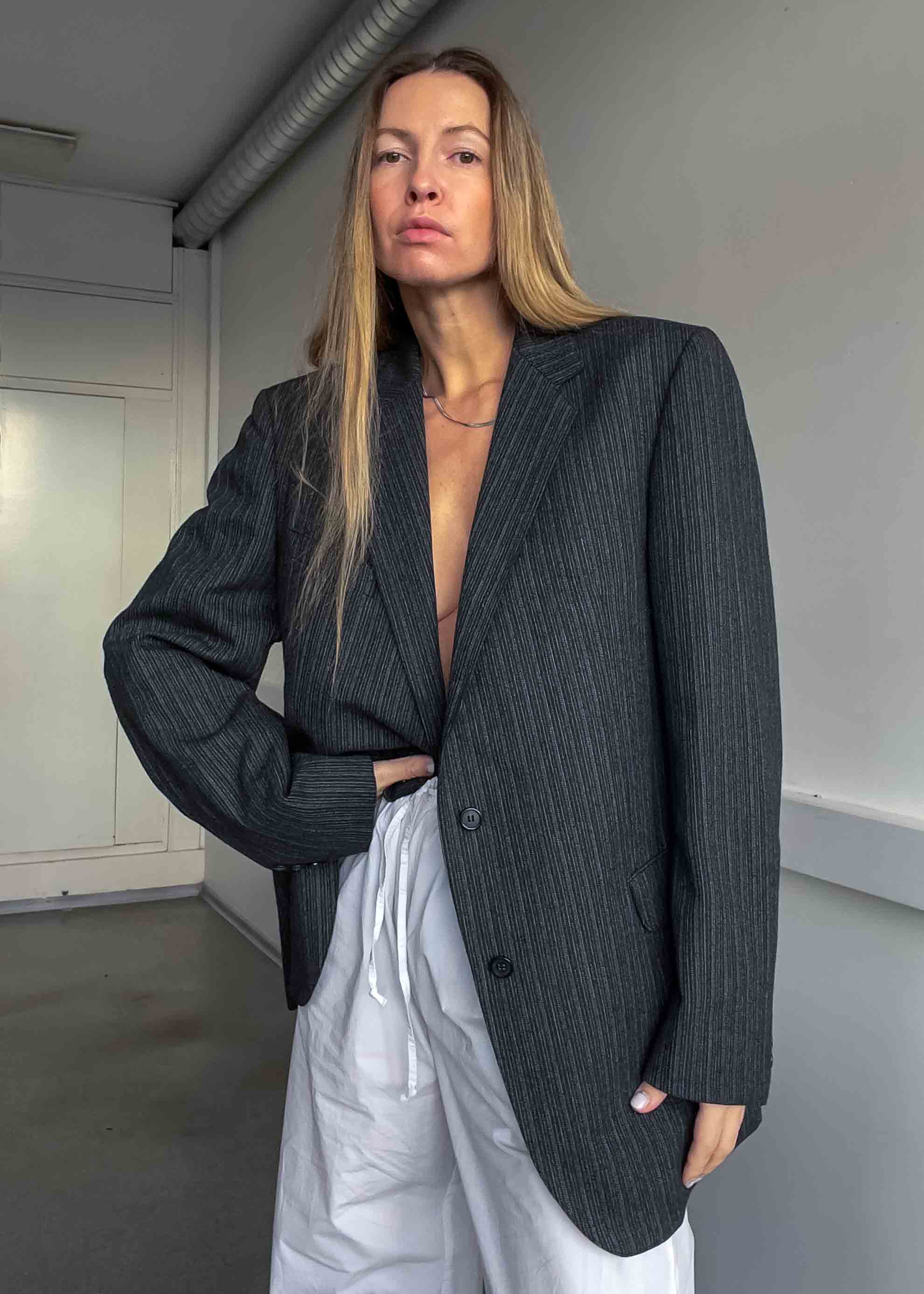 Vintage Dark Grey Striped Oversized Blazer