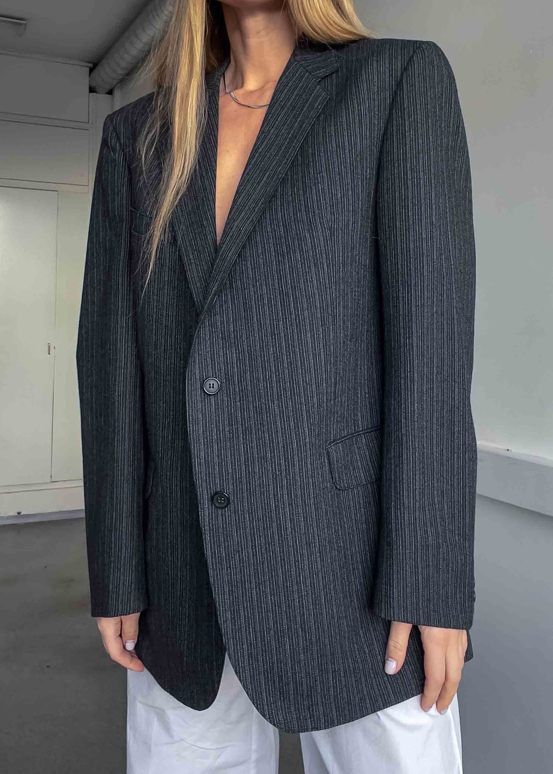 Vintage Dark Grey Striped Oversized Blazer