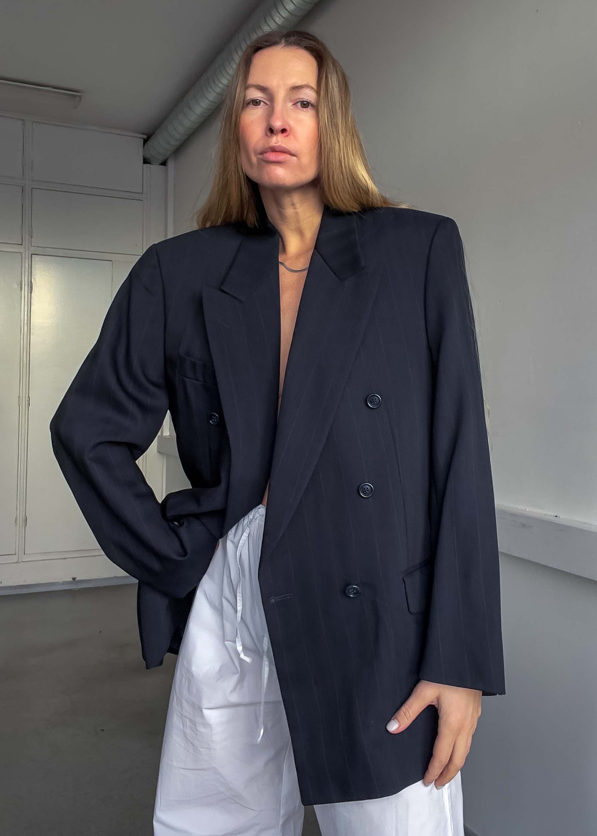 Vintage Blue Striped Oversized 100% WOOL Double Breasted Blazer