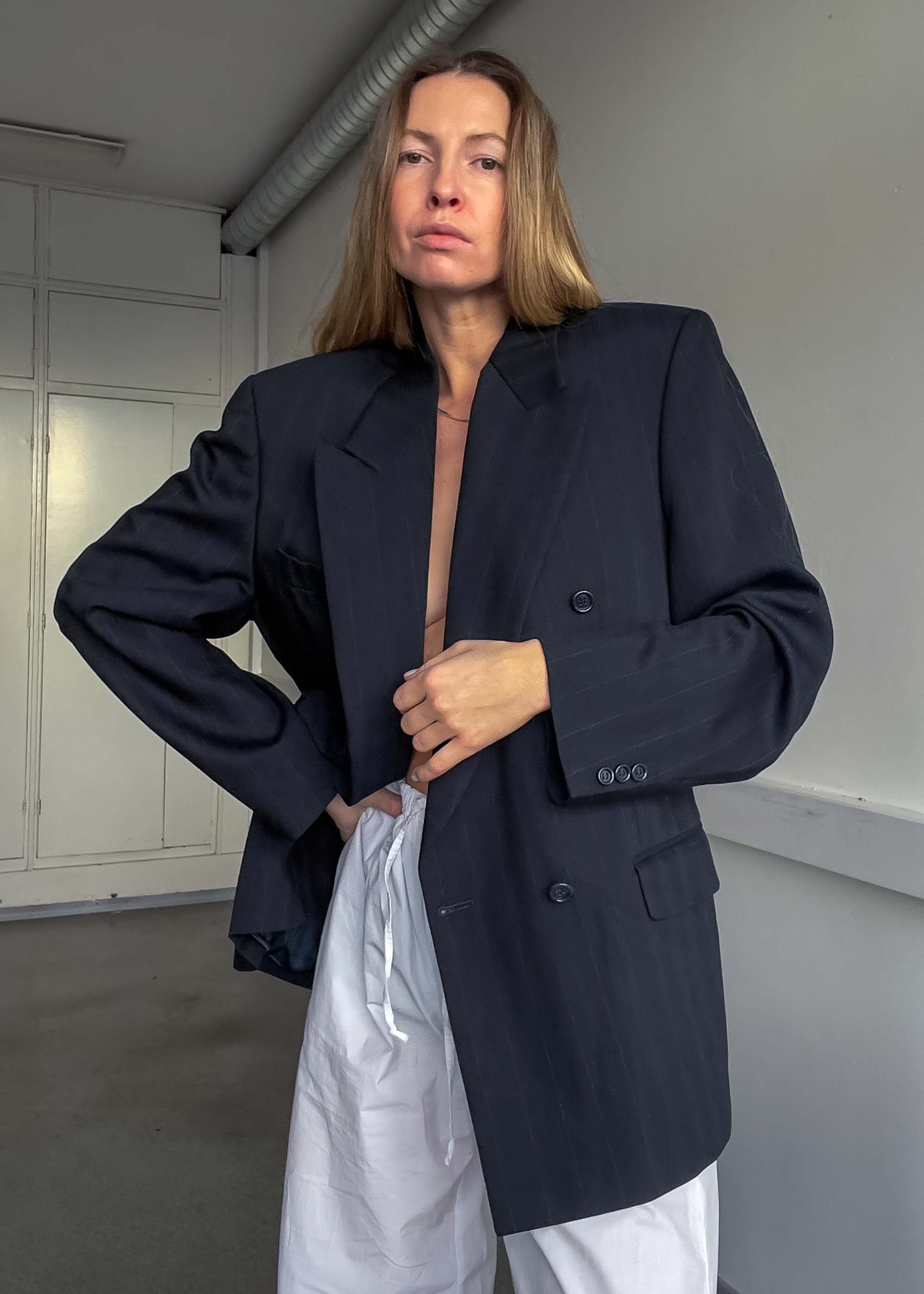 Vintage Blue Striped Oversized 100% WOOL Double Breasted Blazer