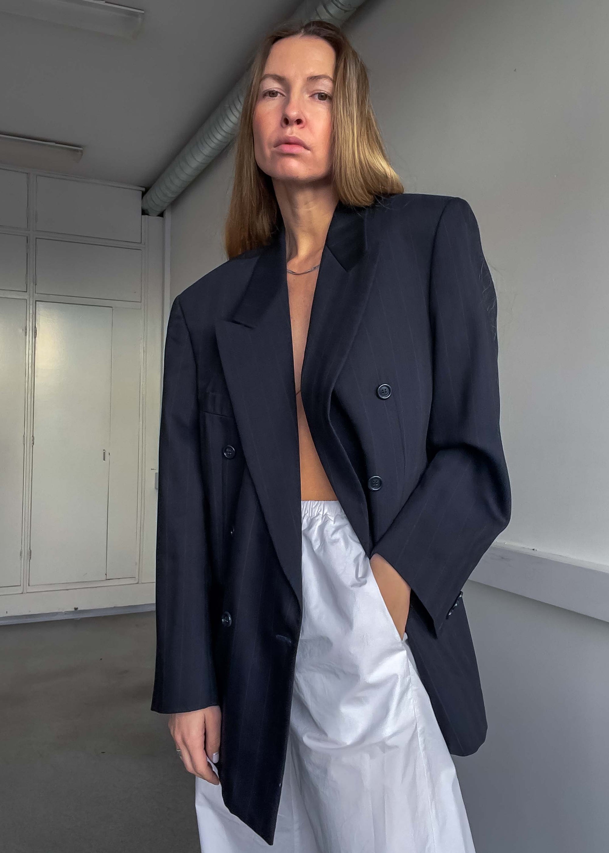 Vintage Blue Striped Oversized 100% WOOL Double Breasted Blazer