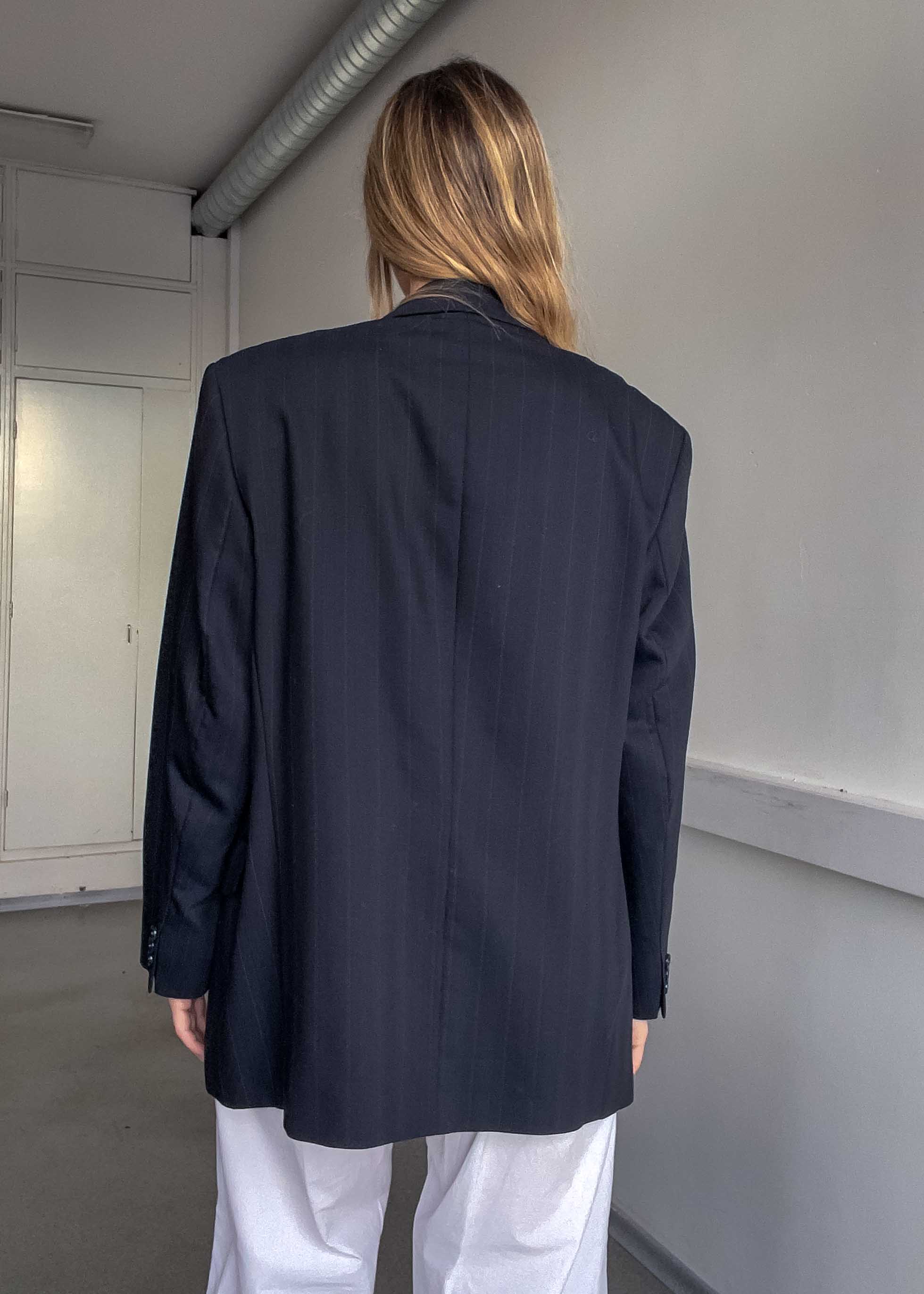 Vintage Blue Striped Oversized 100% WOOL Double Breasted Blazer