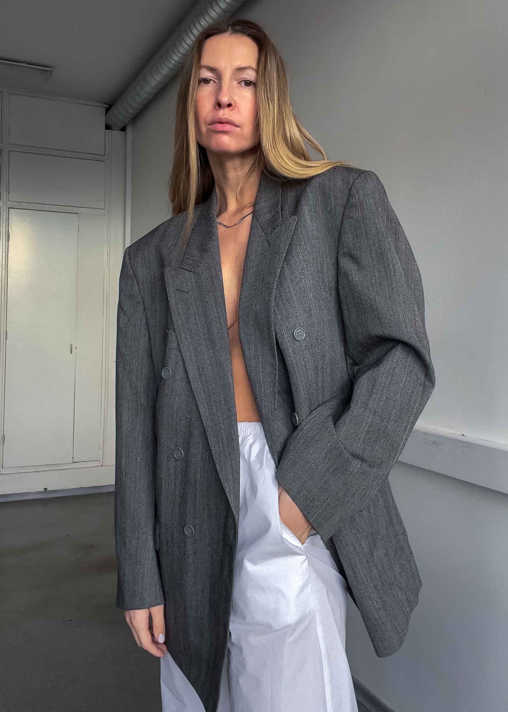 Vintage Grey Patterned Oversized 100% WOOL Double Breasted Blazer