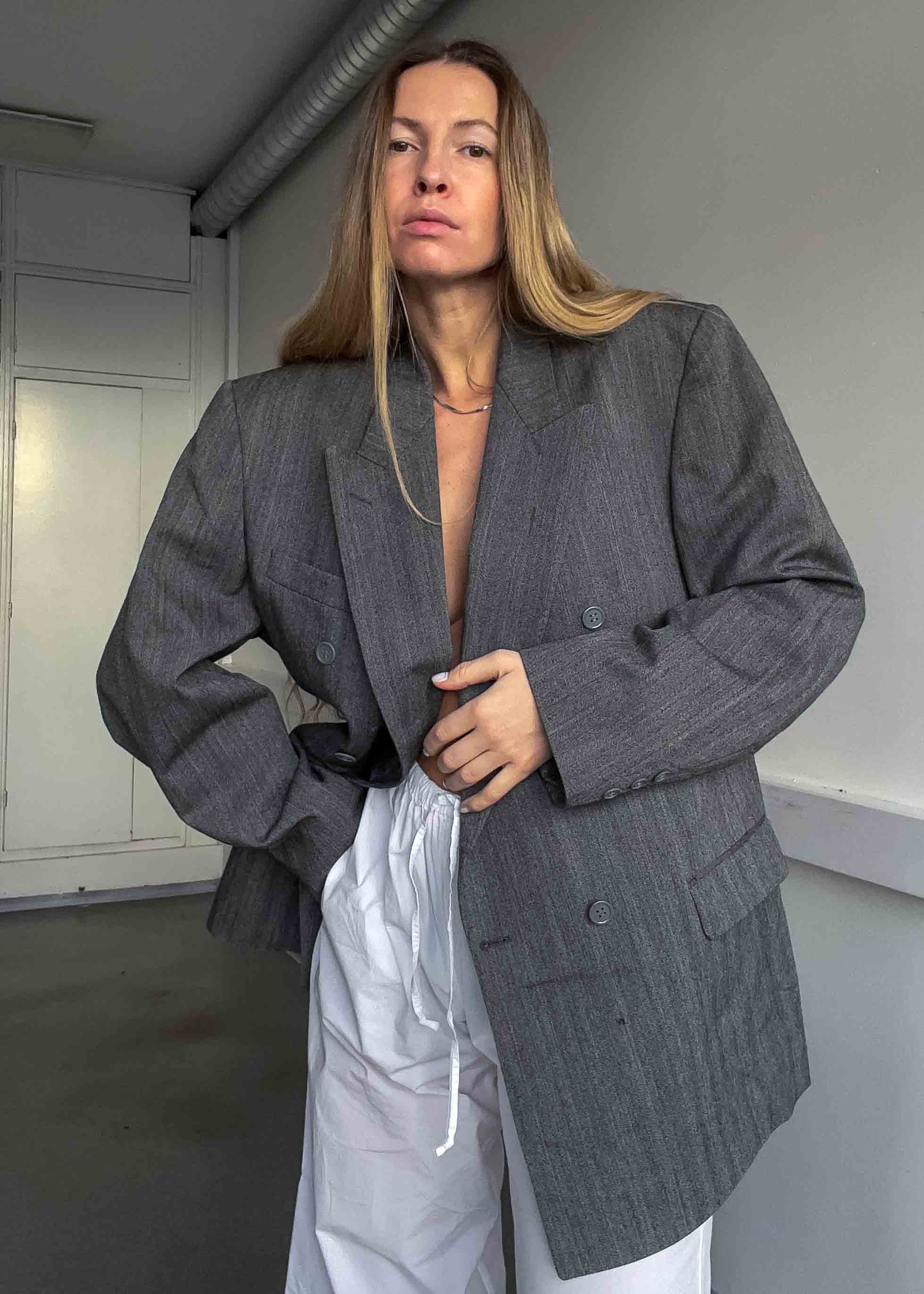 Vintage Grey Patterned Oversized 100% WOOL Double Breasted Blazer