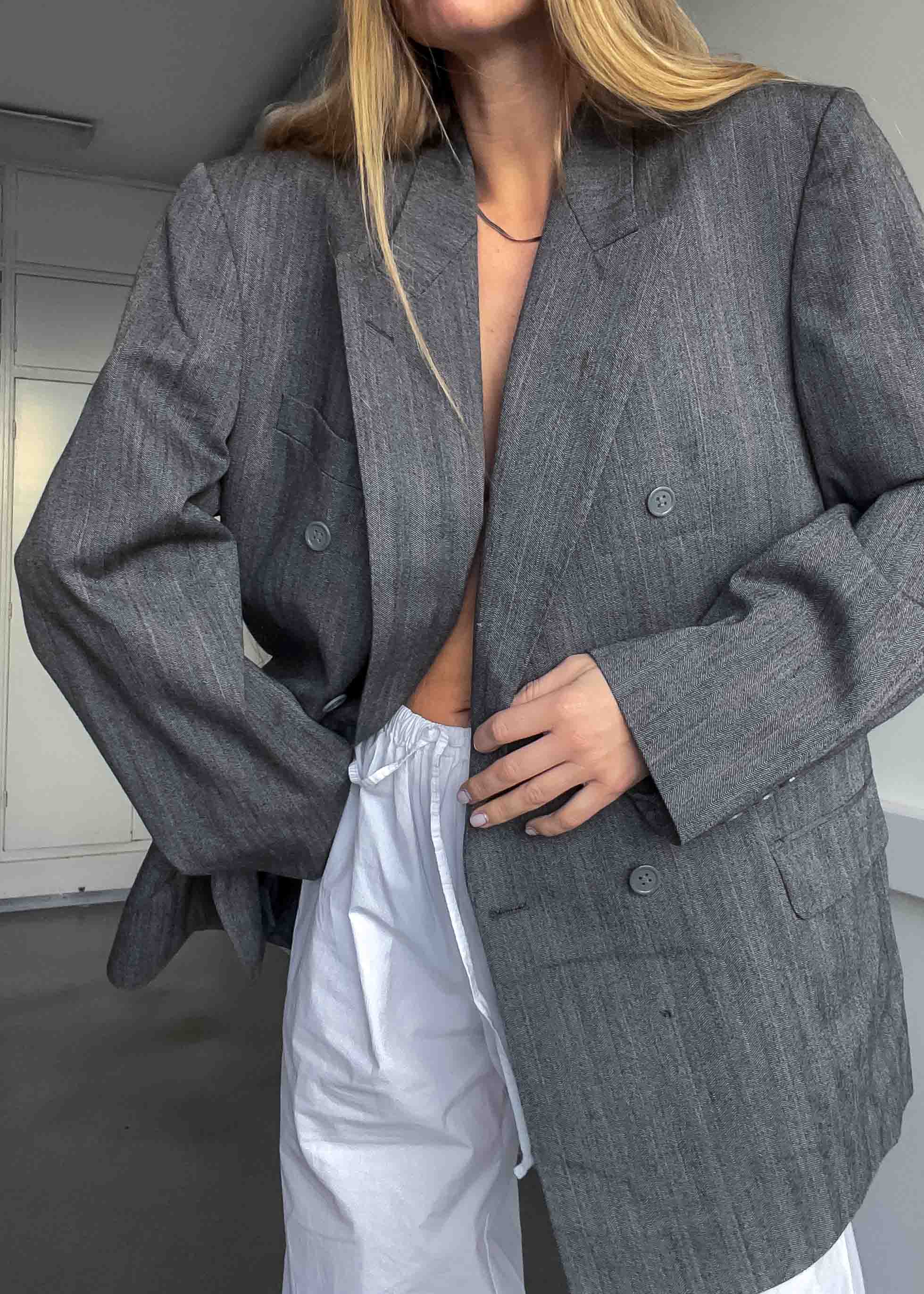 Vintage Grey Patterned Oversized 100% WOOL Double Breasted Blazer