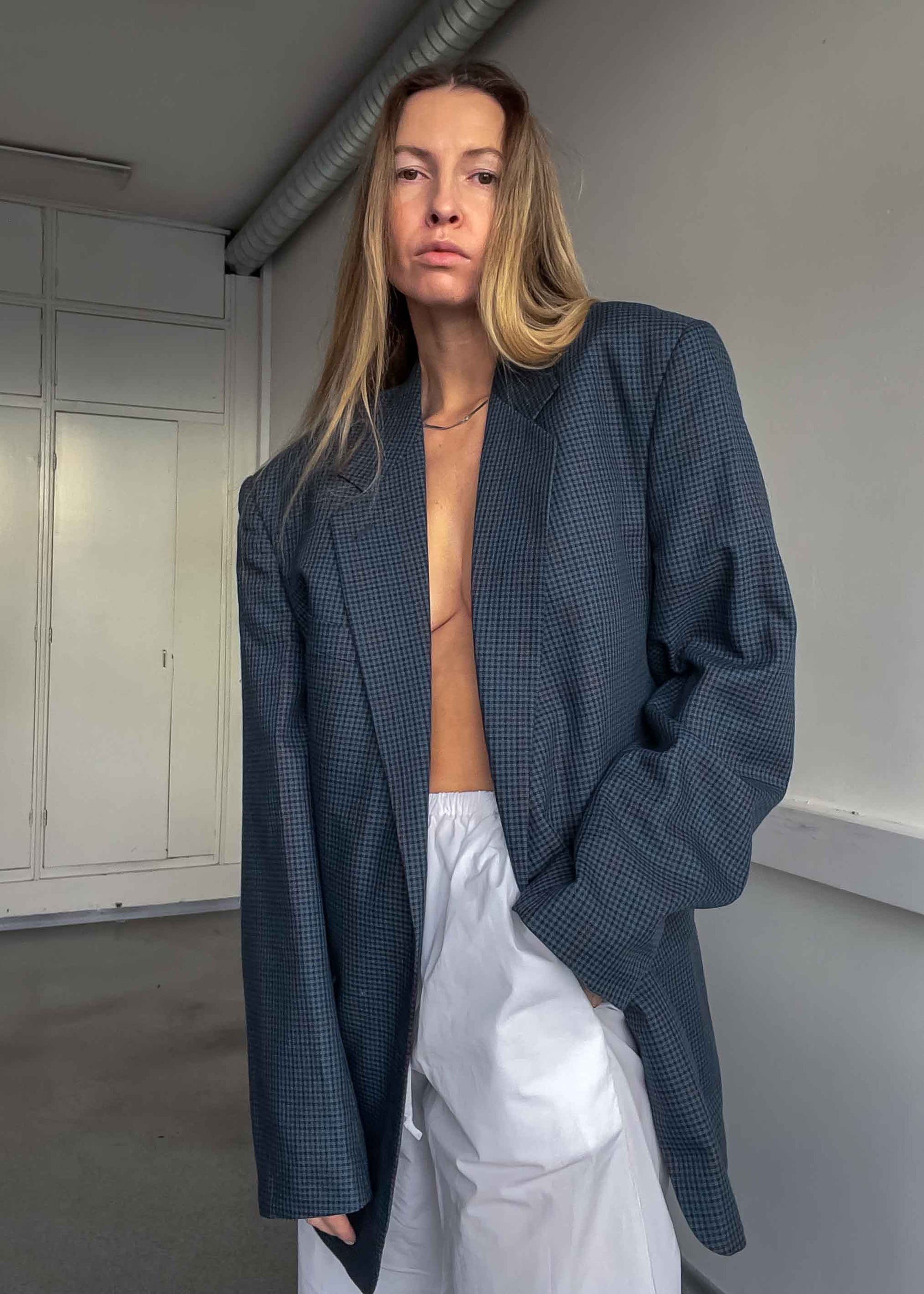 Vintage Blue Checked Oversized Blazer