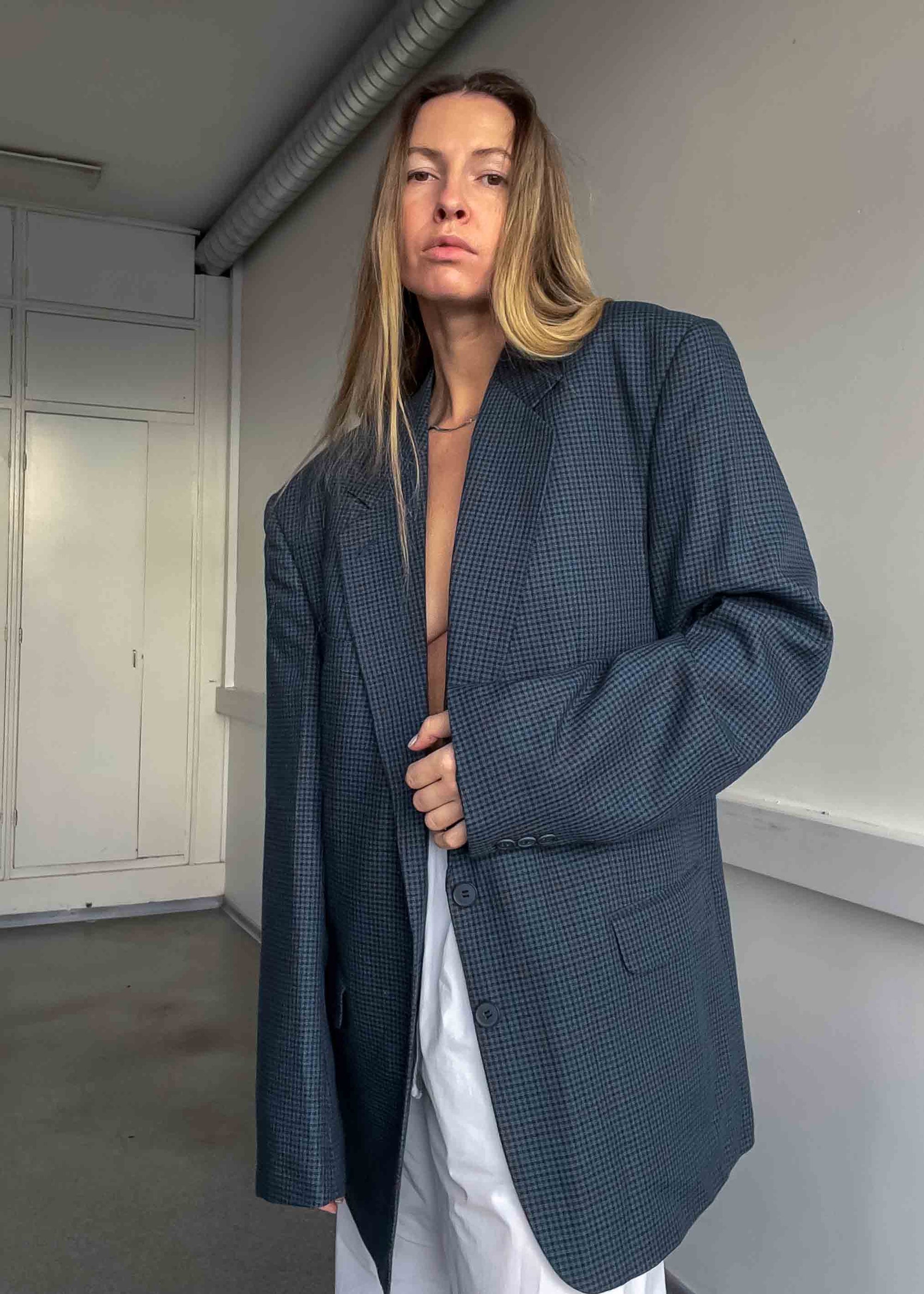 Vintage Blue Checked Oversized Blazer