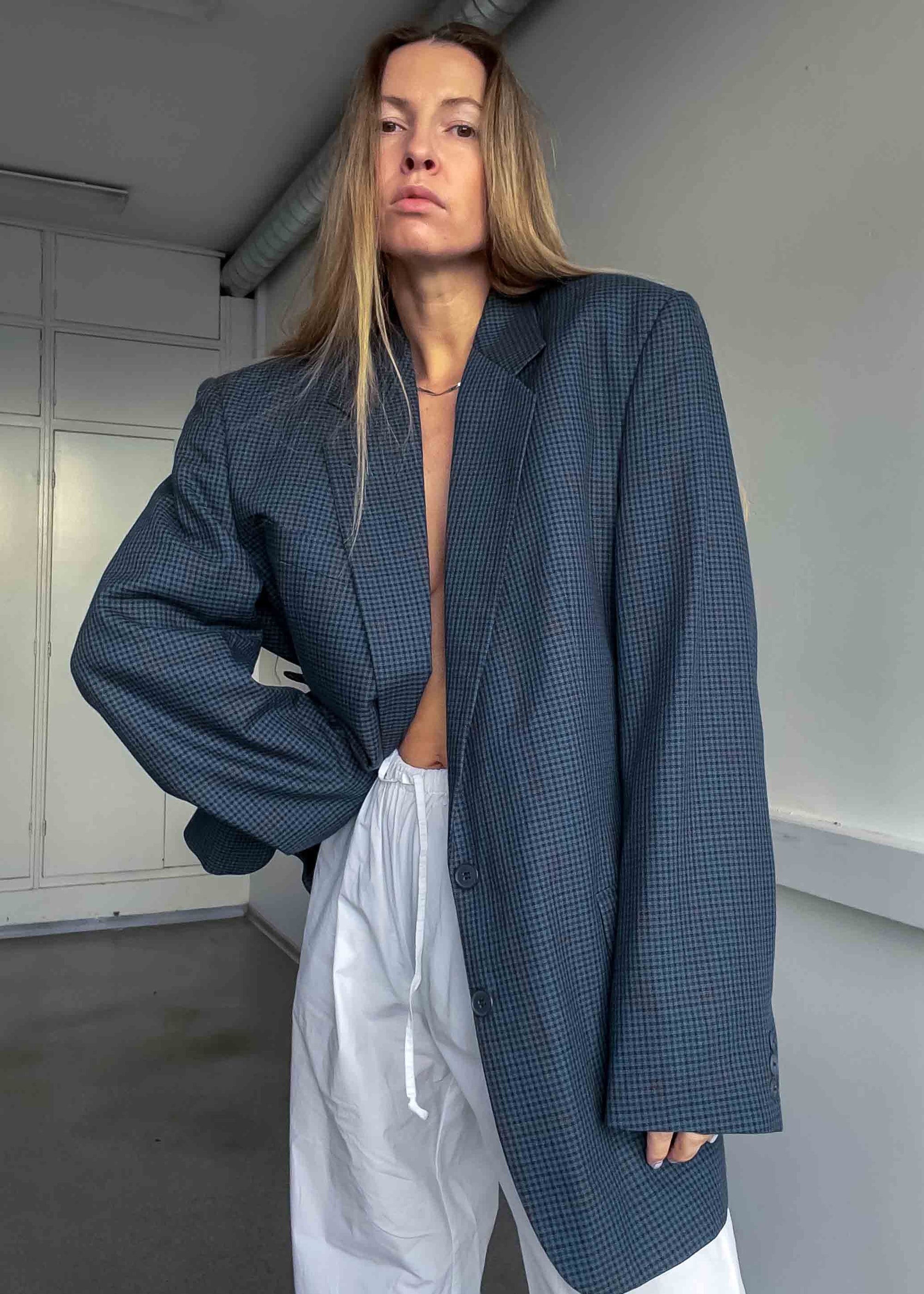 Vintage Blue Checked Oversized Blazer
