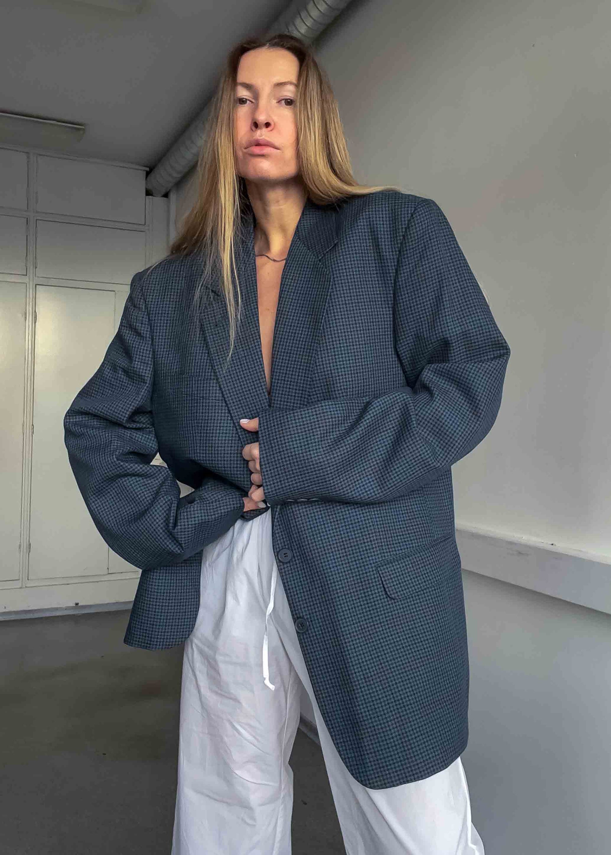 Vintage Blue Checked Oversized Blazer
