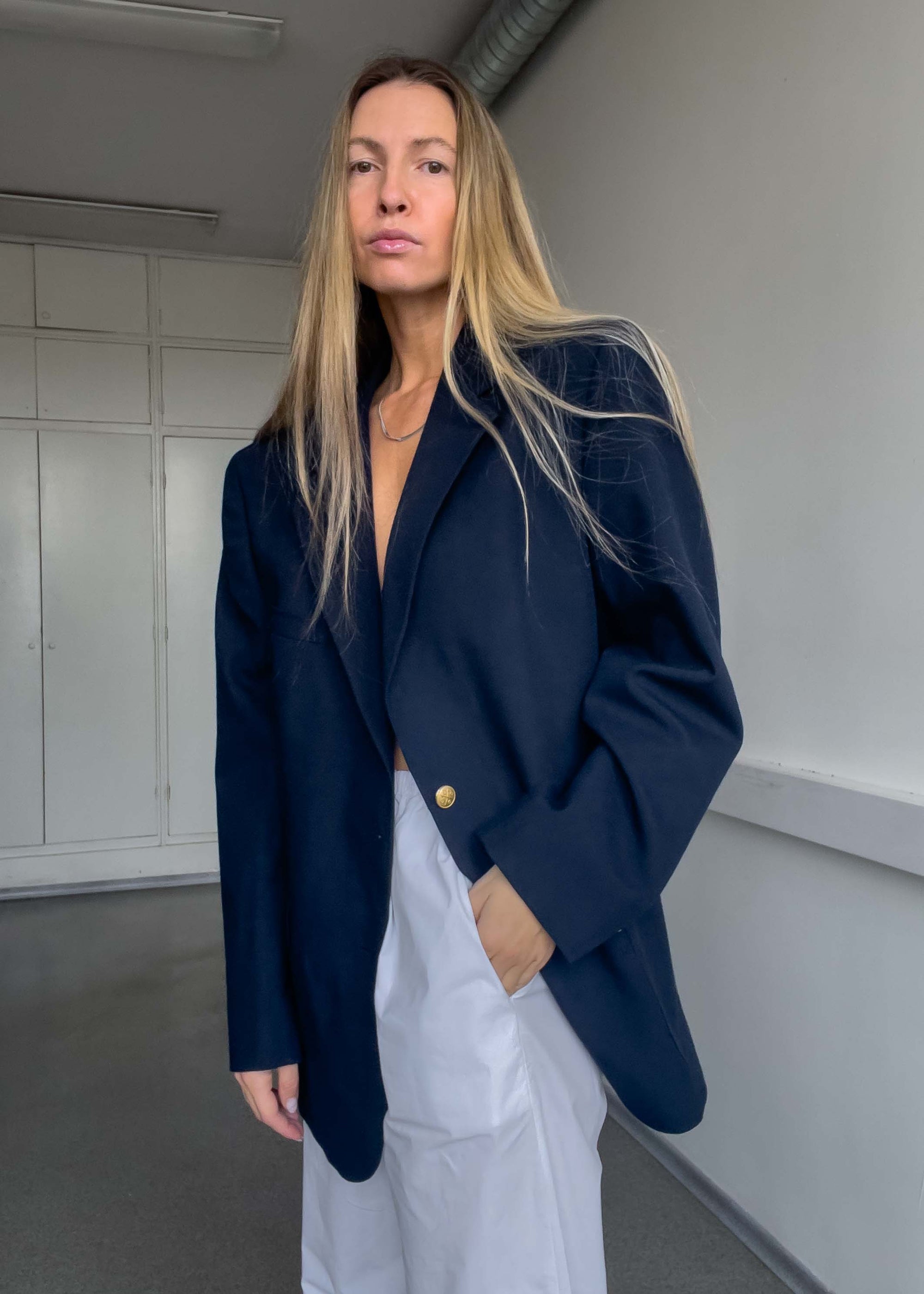 Vintage Navy Blue Oversized Blazer with Golden Buttons
