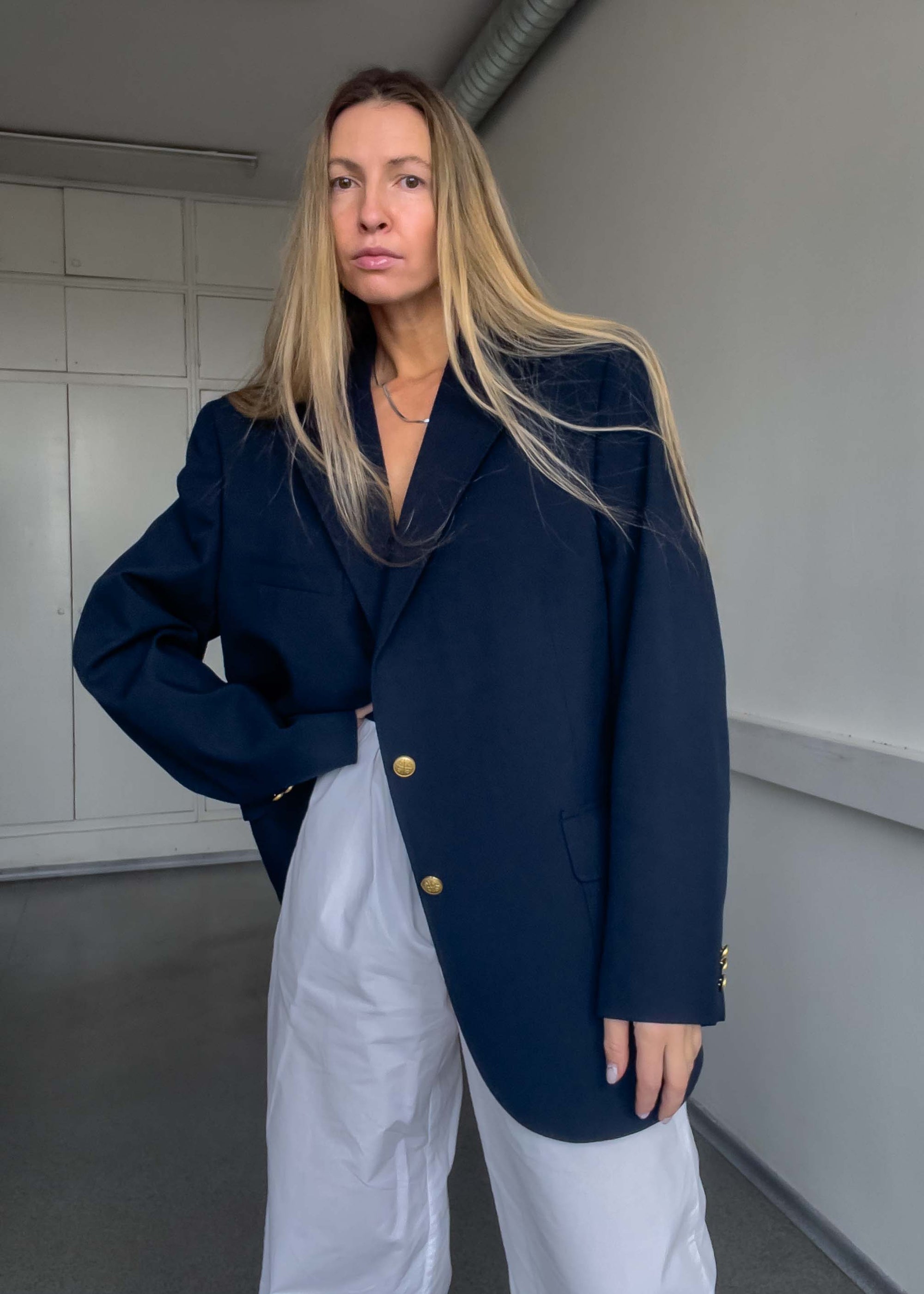 Vintage Navy Blue Oversized Blazer with Golden Buttons
