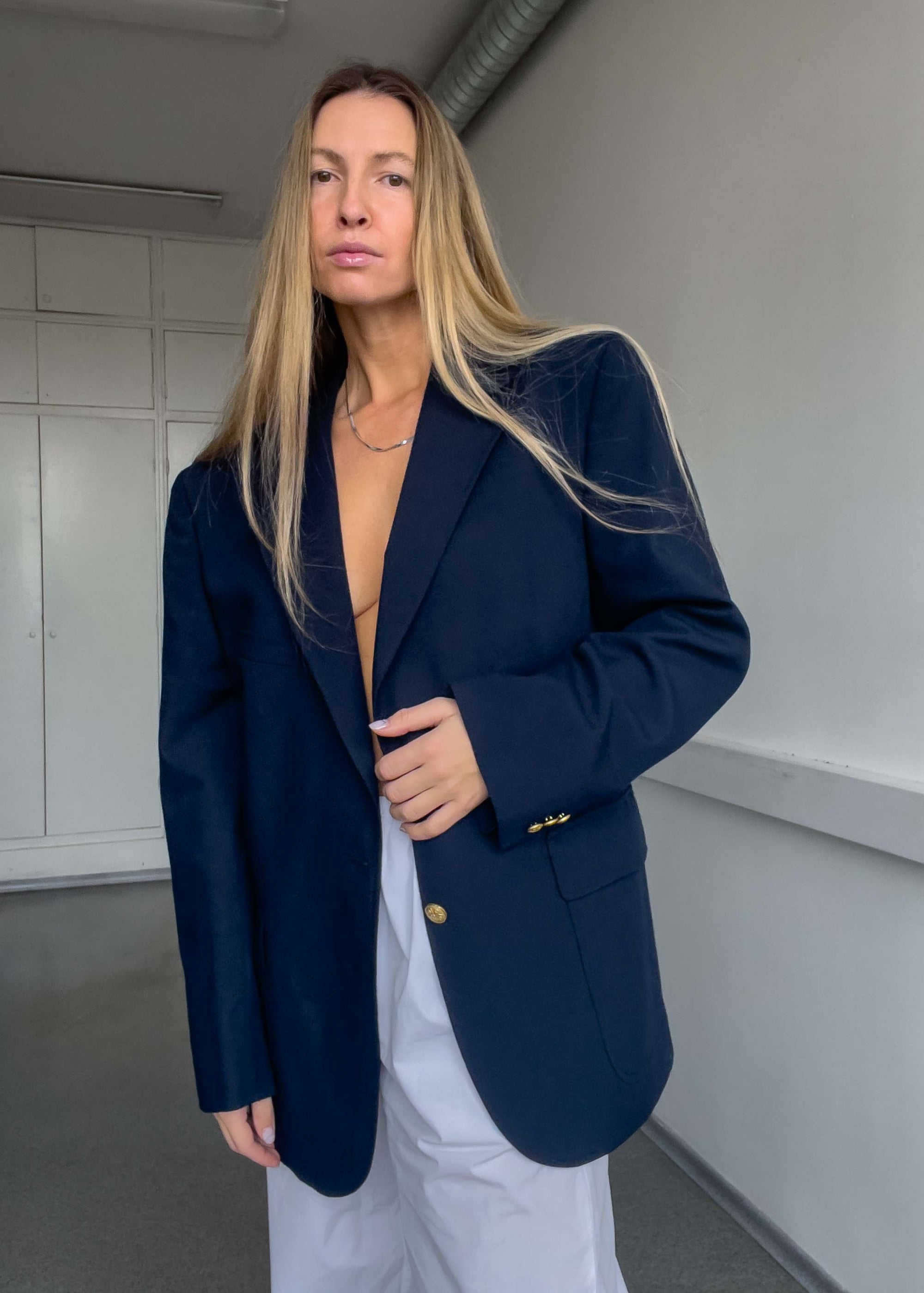 Vintage Navy Blue Oversized Blazer with Golden Buttons