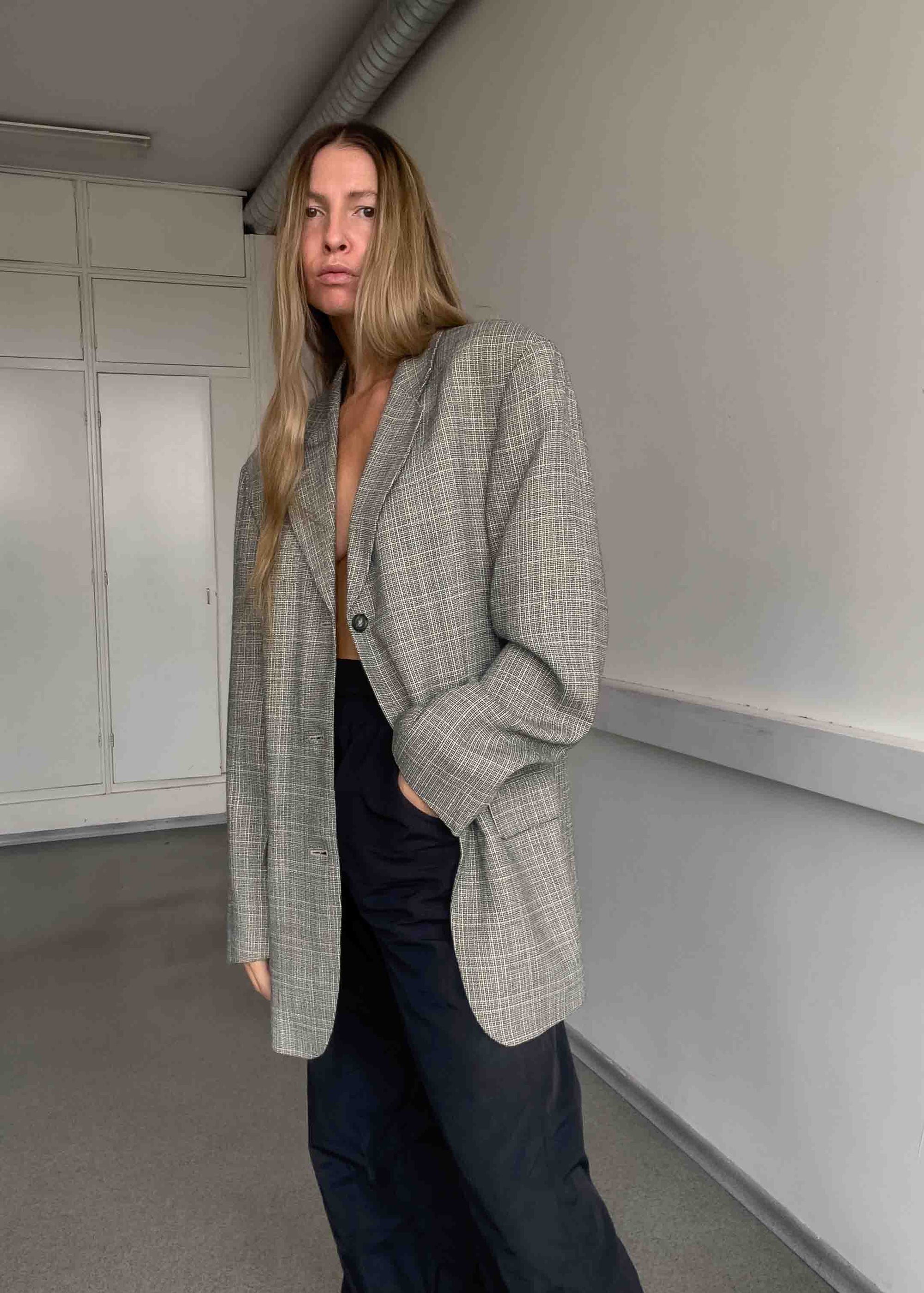 Vintage Grey Oversized Linen Blazer