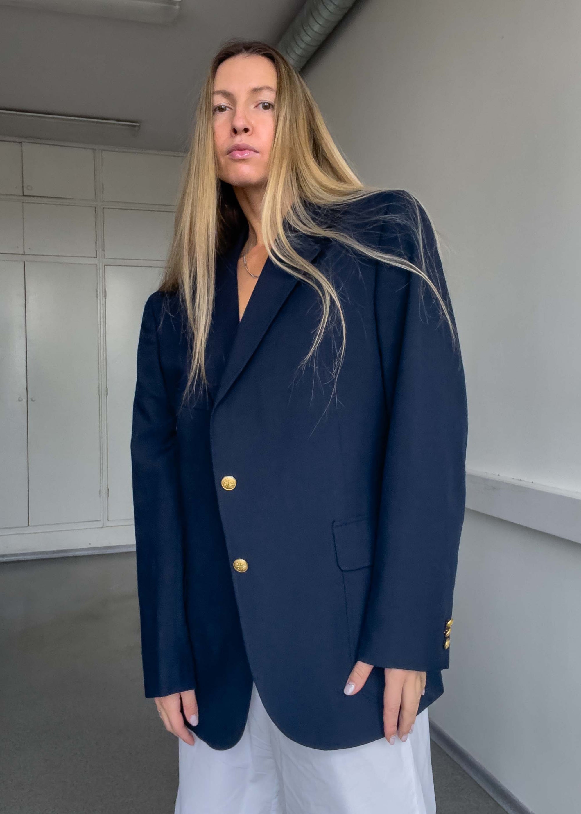 Vintage Navy Blue Oversized Blazer with Golden Buttons