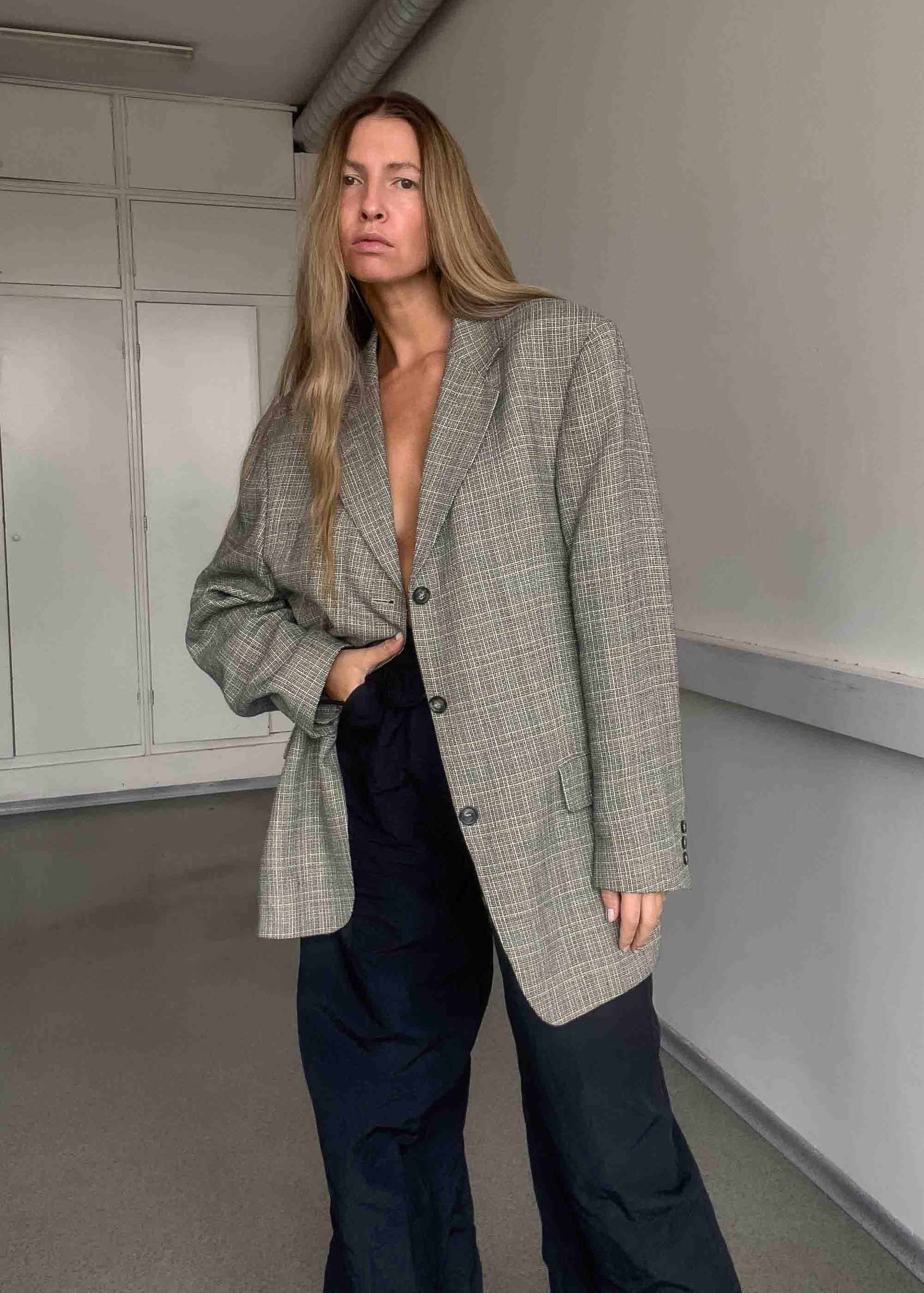 Vintage Grey Oversized Linen Blazer