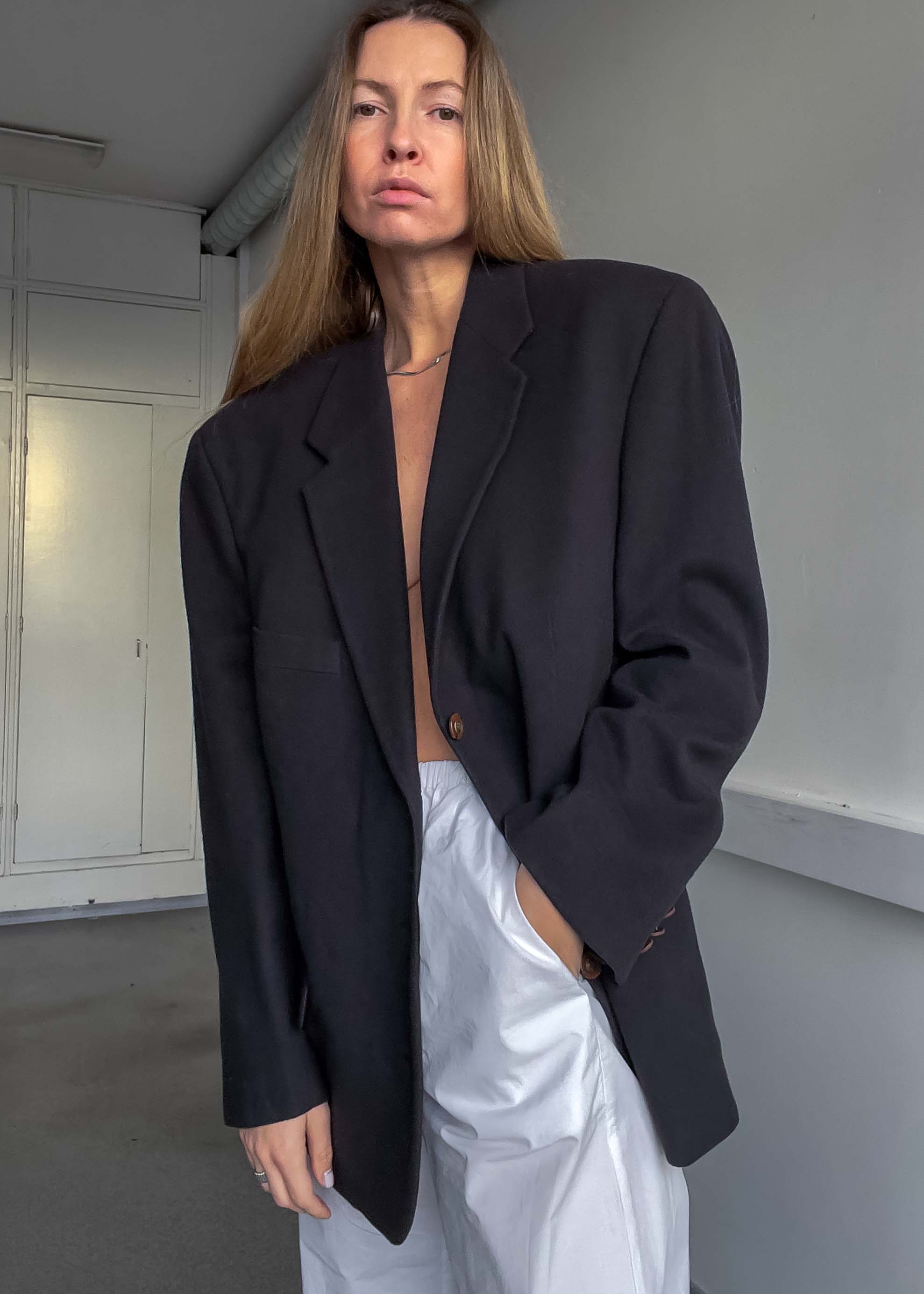 Vintage Dark Brown Brushed Wool Oversized Blazer