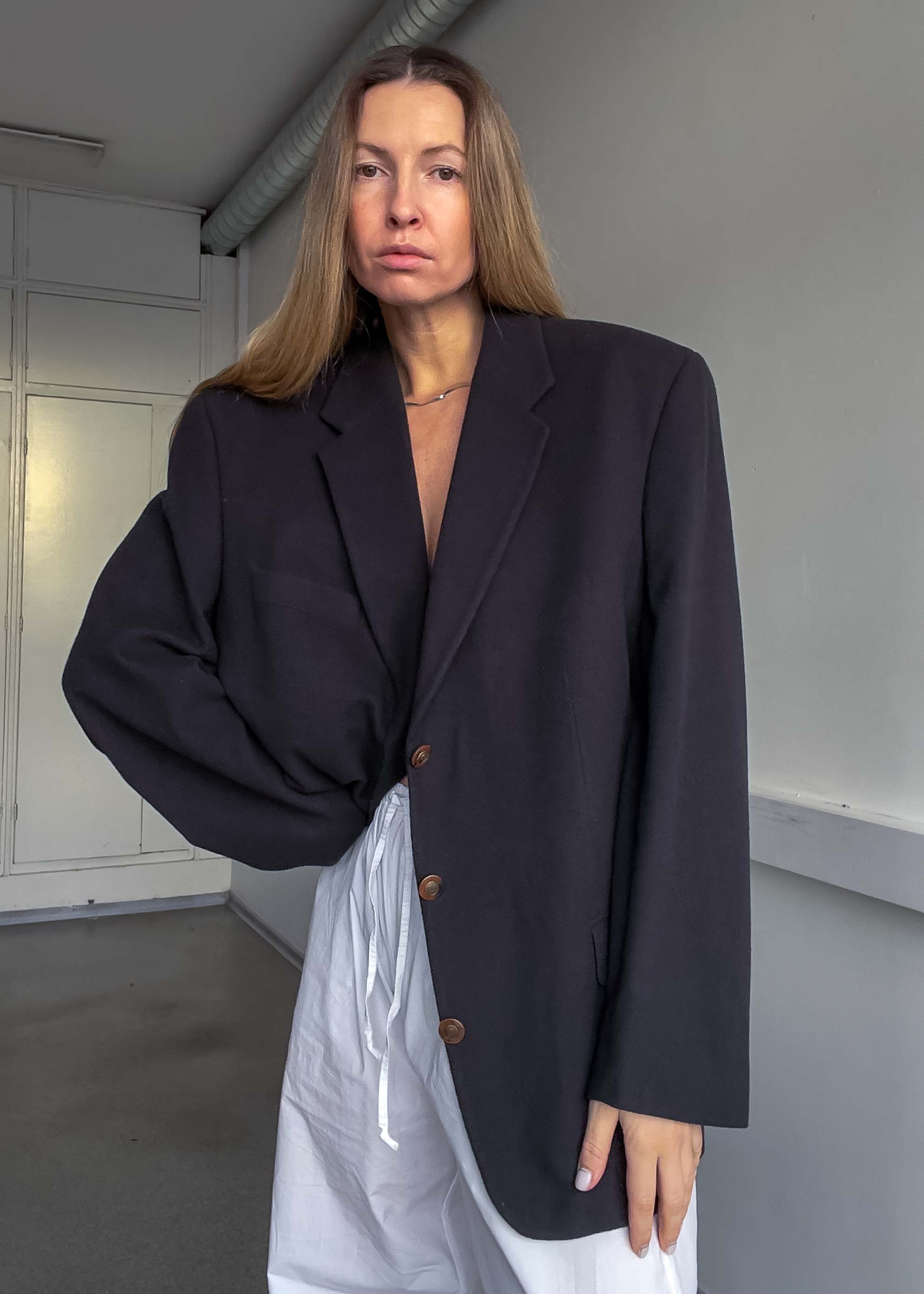 Vintage Dark Brown Brushed Wool Oversized Blazer