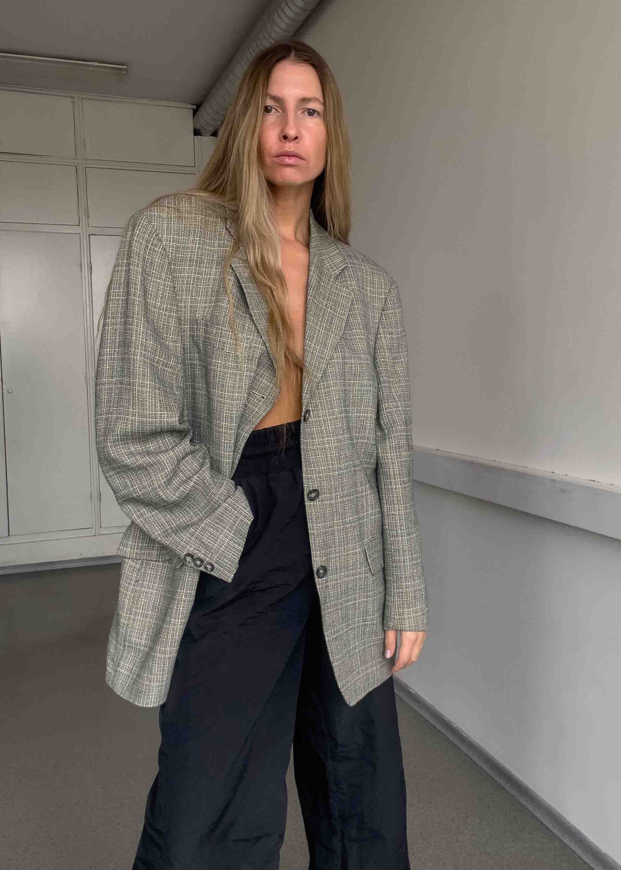 Vintage Grey Oversized Linen Blazer