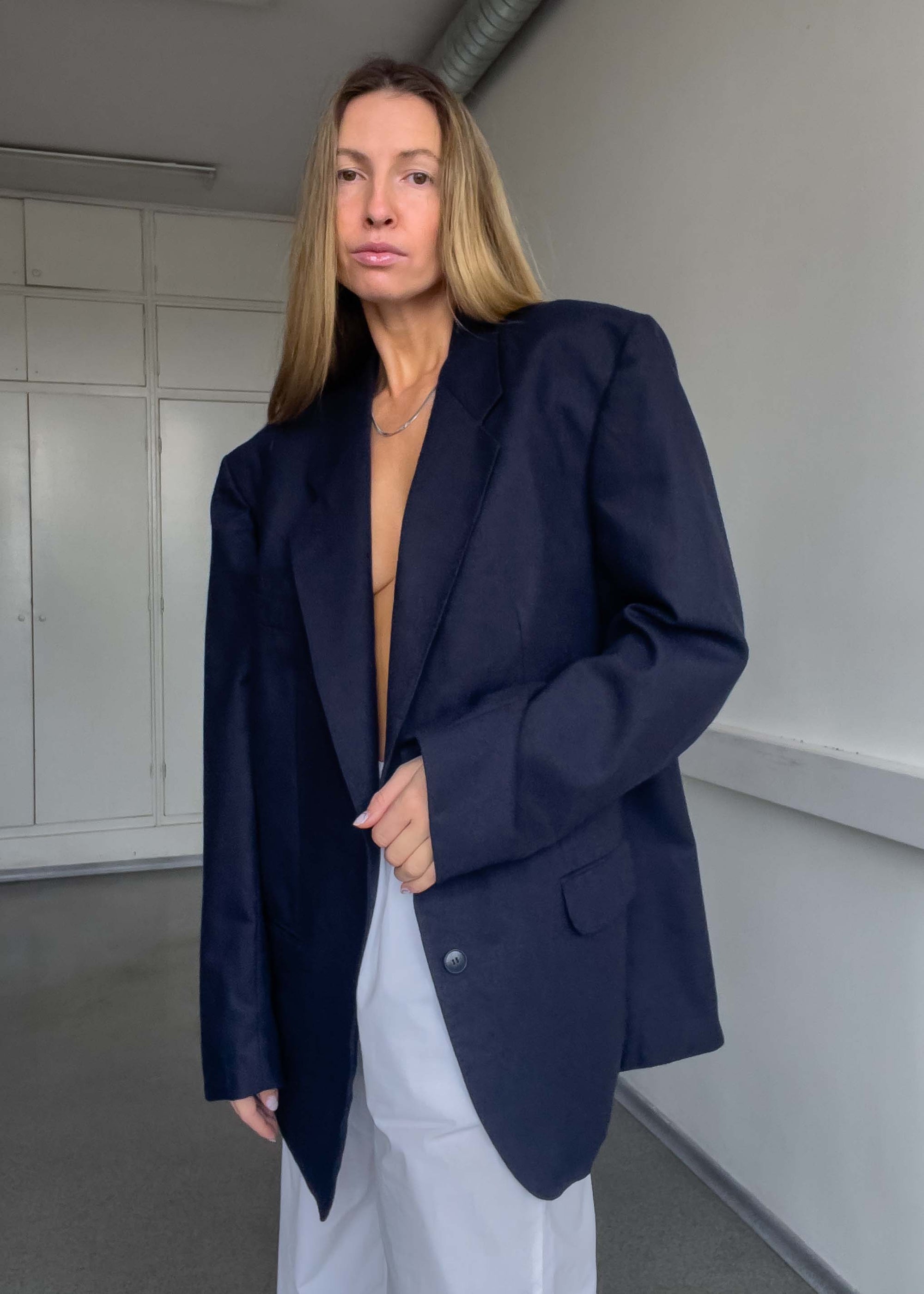 Vintage Navy Blue Brushed Wool Oversized Blazer