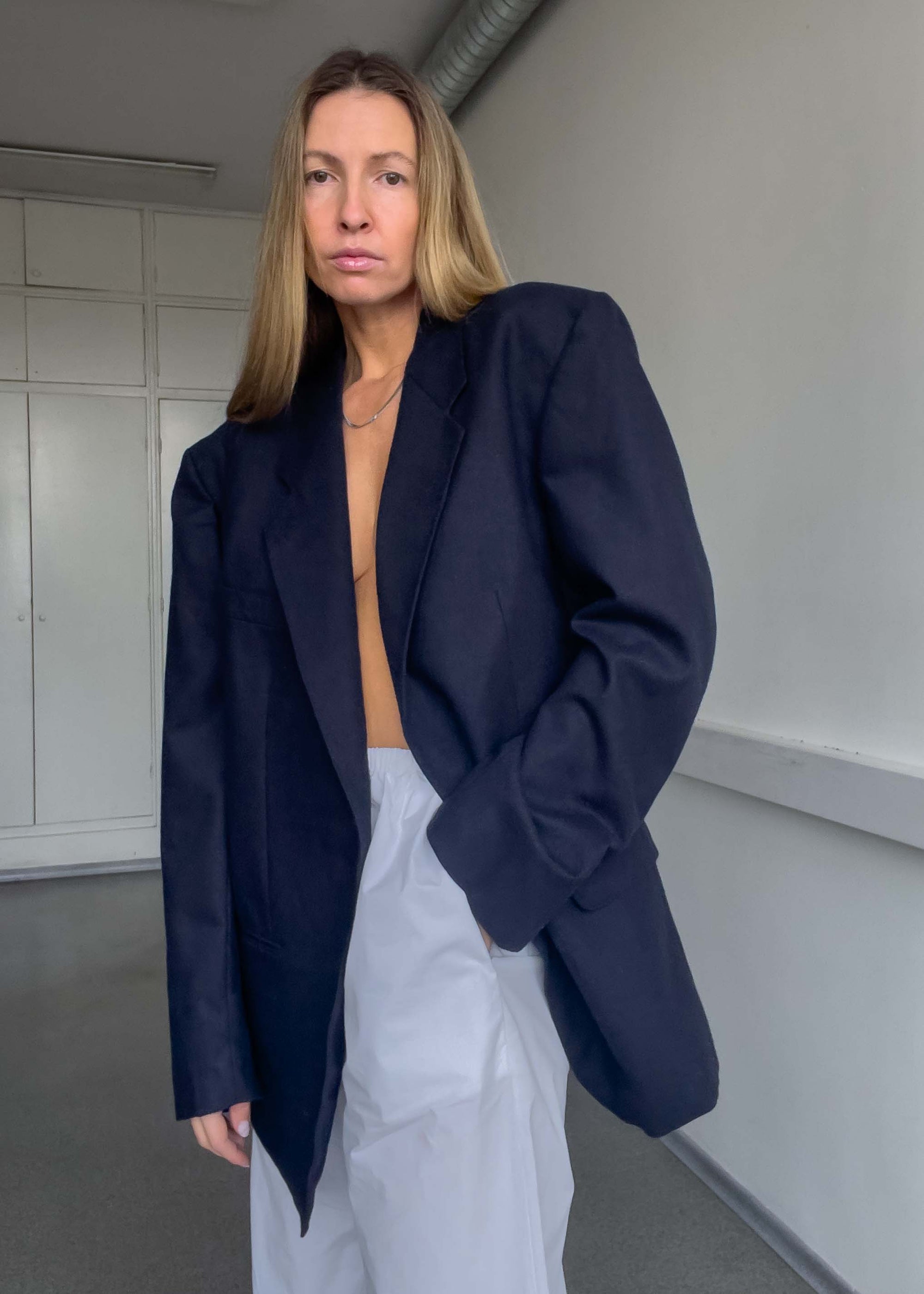 Vintage Navy Blue Brushed Wool Oversized Blazer