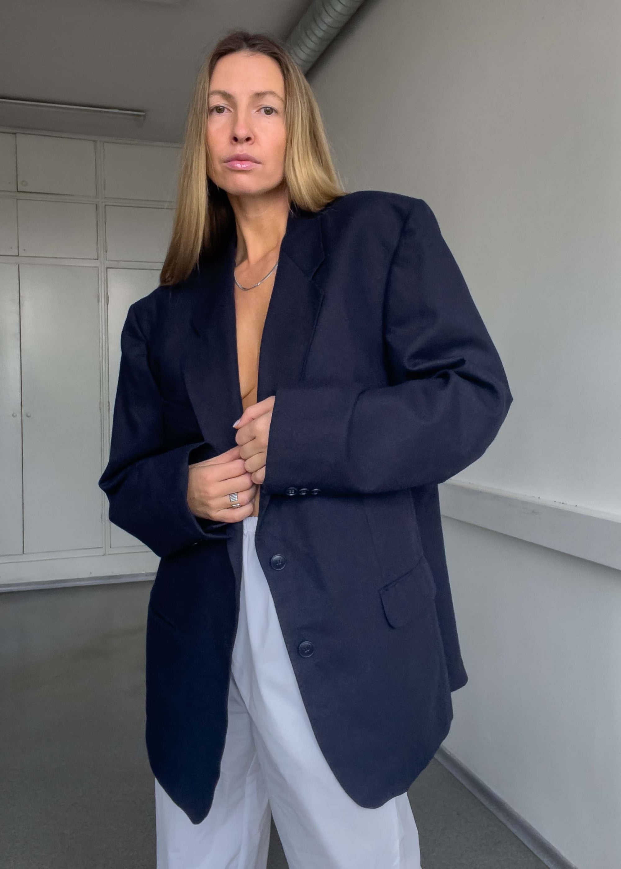 Vintage Navy Blue Brushed Wool Oversized Blazer