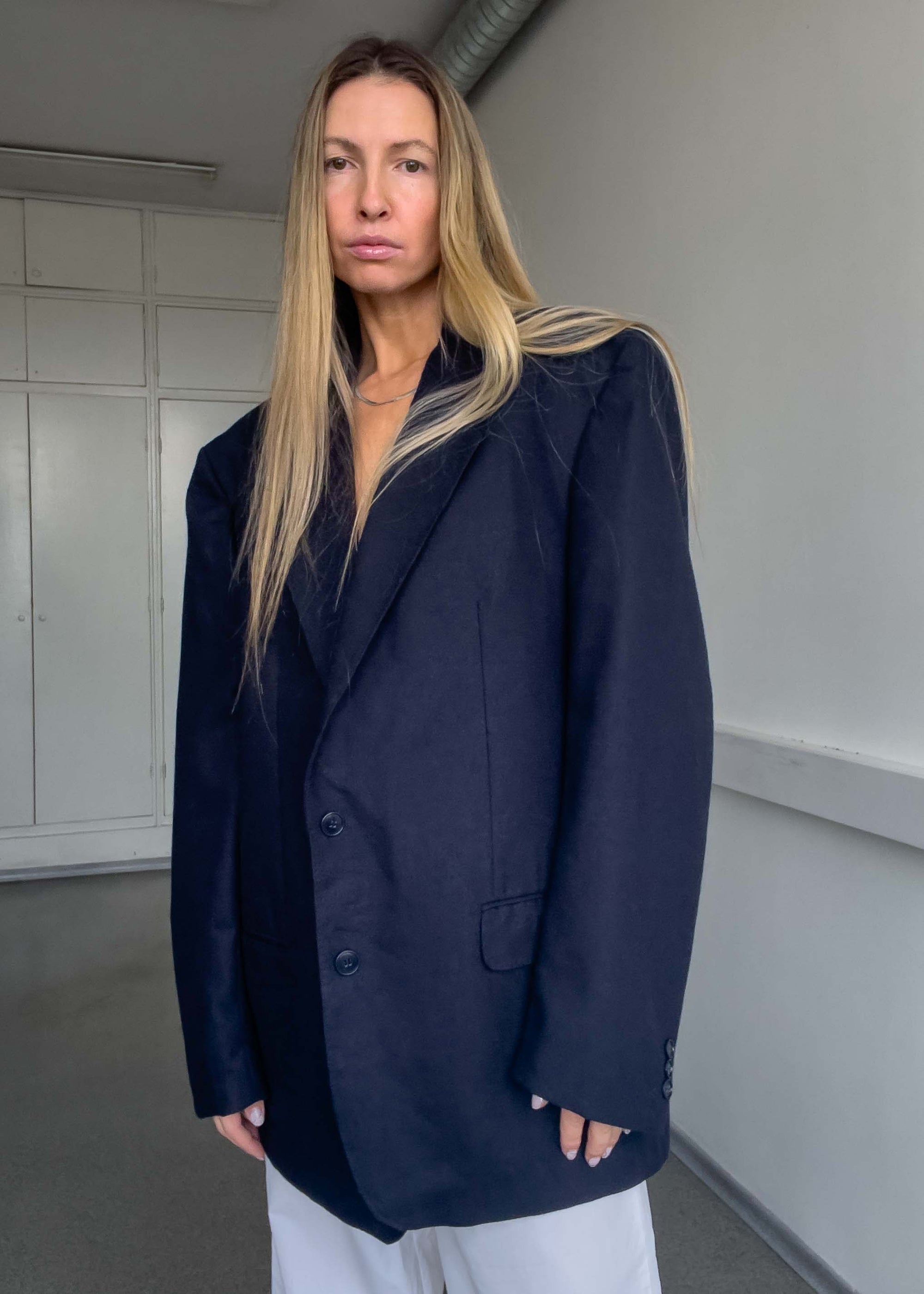 Vintage Navy Blue Brushed Wool Oversized Blazer