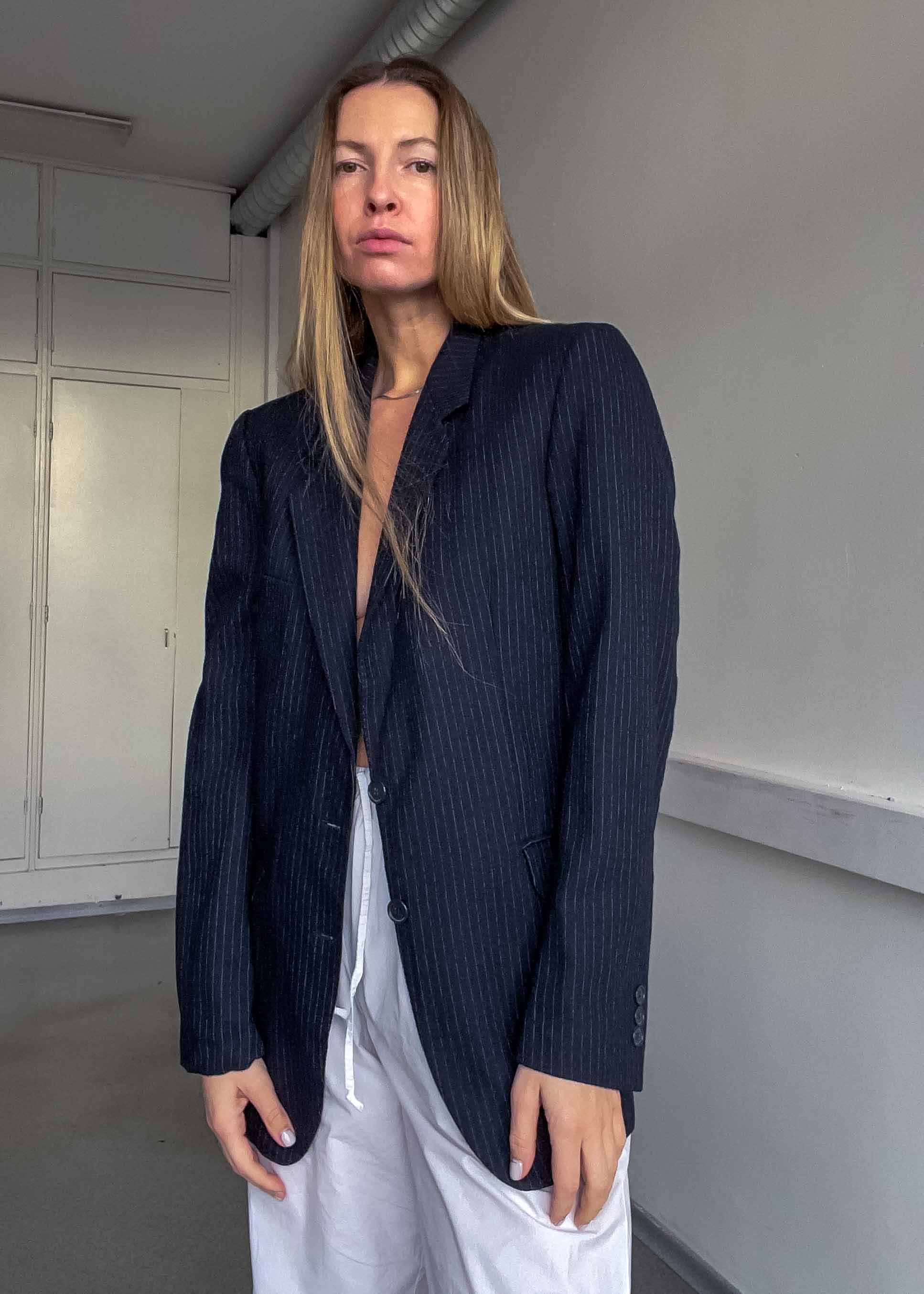Vintage Navy Blue Striped Oversized 100% WOOL Blazer