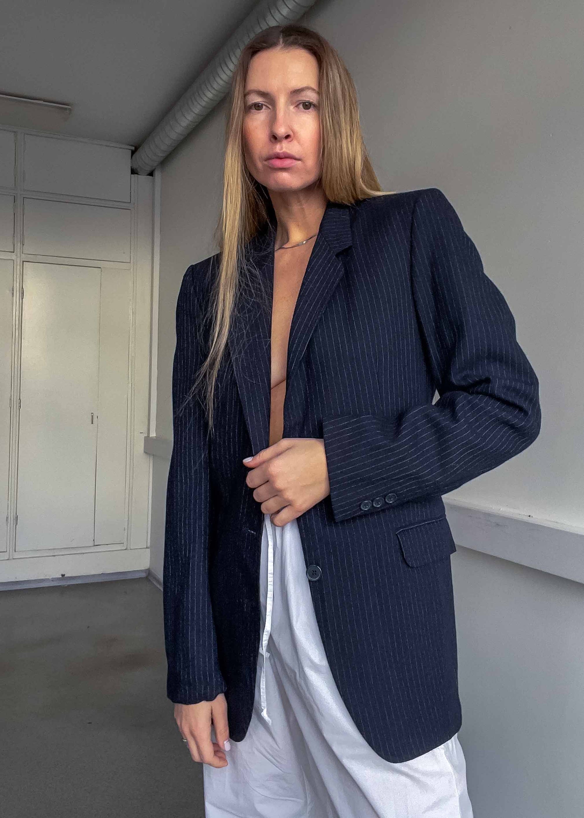 Vintage Navy Blue Striped Oversized 100% WOOL Blazer