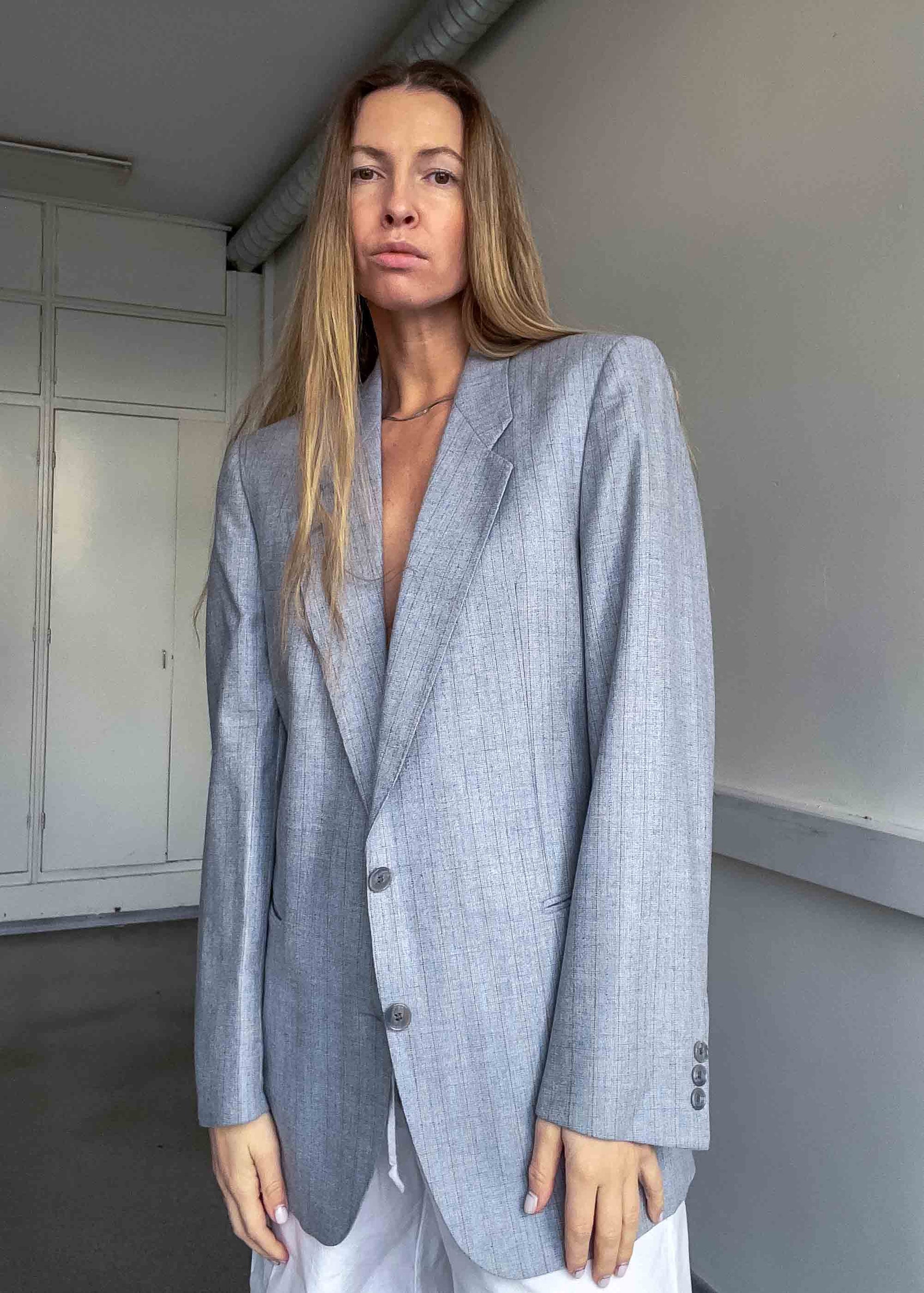 Vintage Light Grey Striped Oversized 100% WOOL Blazer