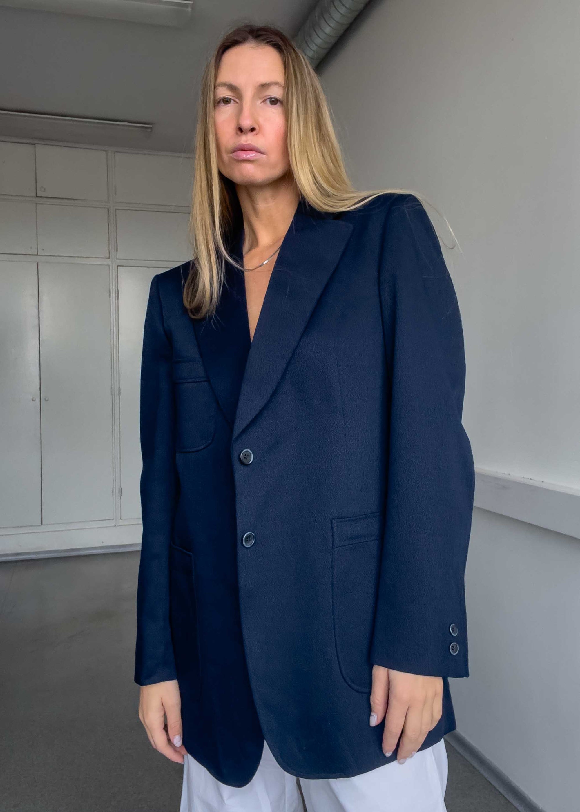 Vintage Navy Blue Textured Oversized Blazer
