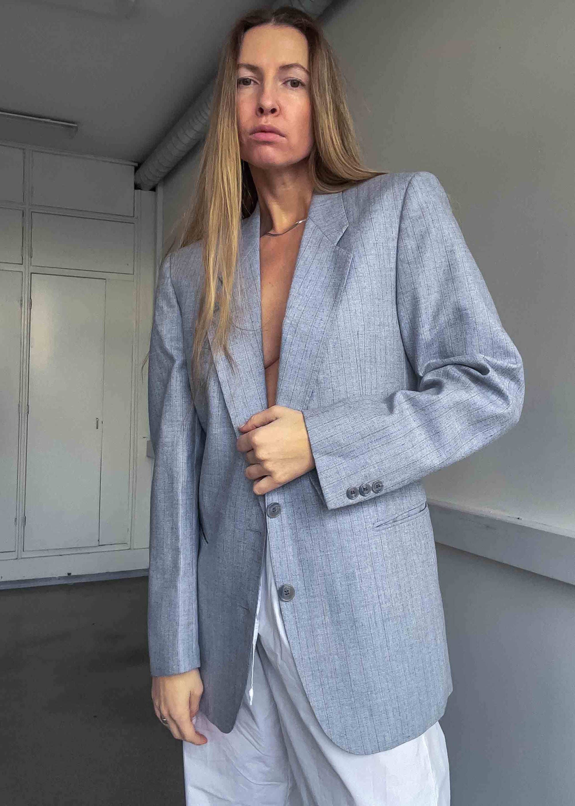 Vintage Light Grey Striped Oversized 100% WOOL Blazer