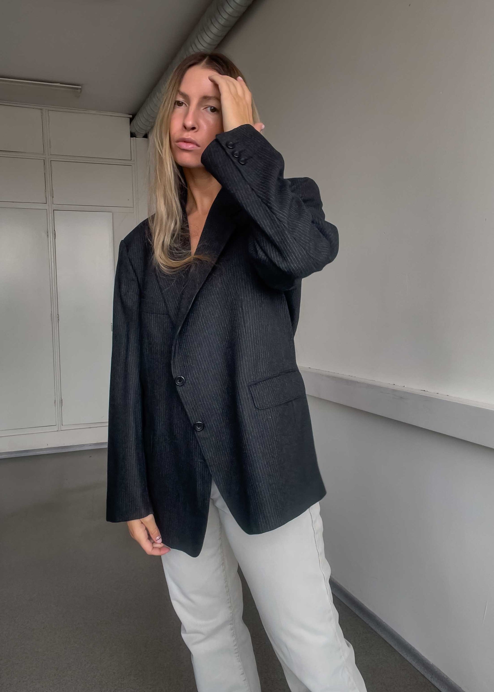 Vintage Grey Stripy Oversized Blazer