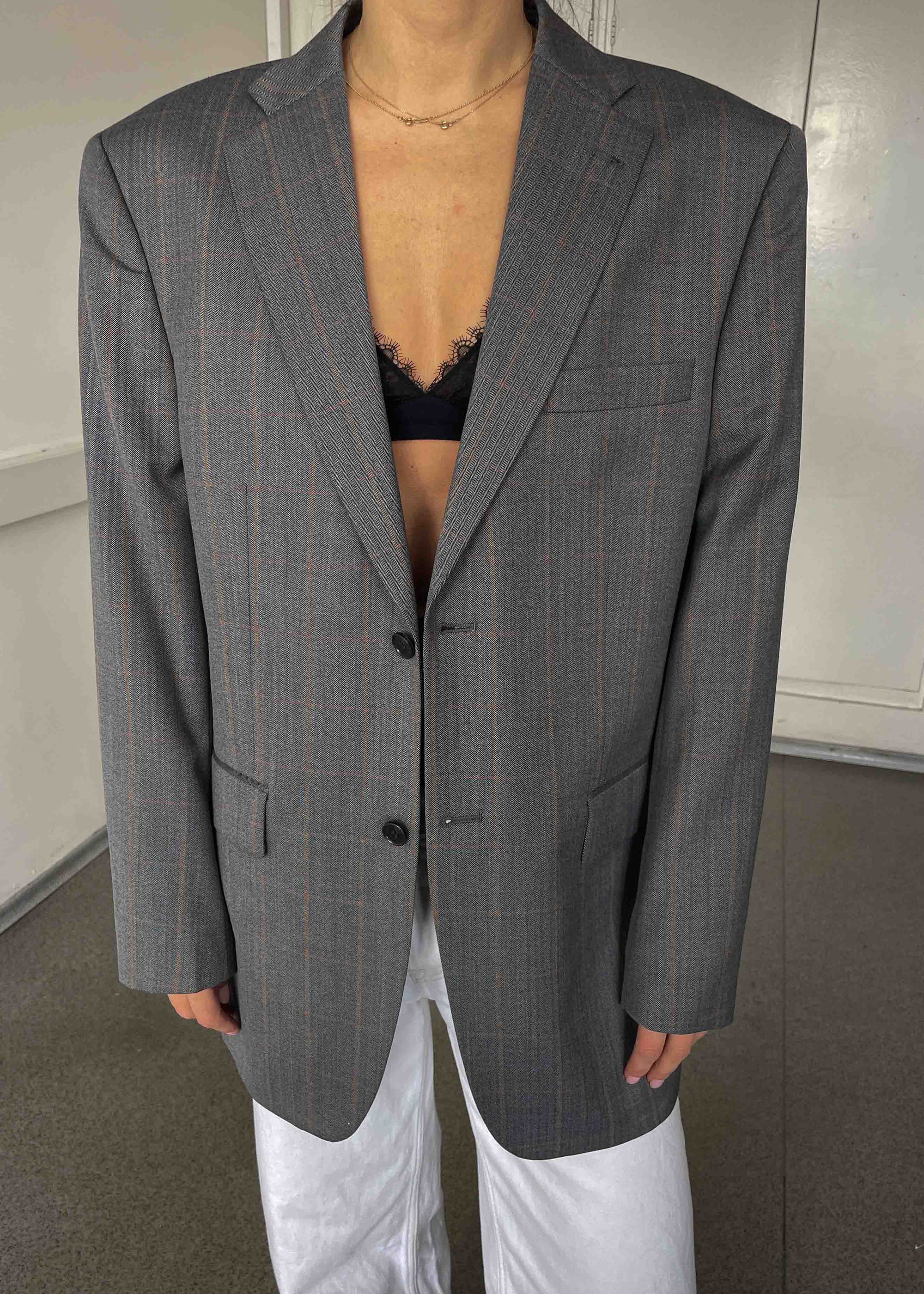 Vintage Grey Checked Oversized Blazer