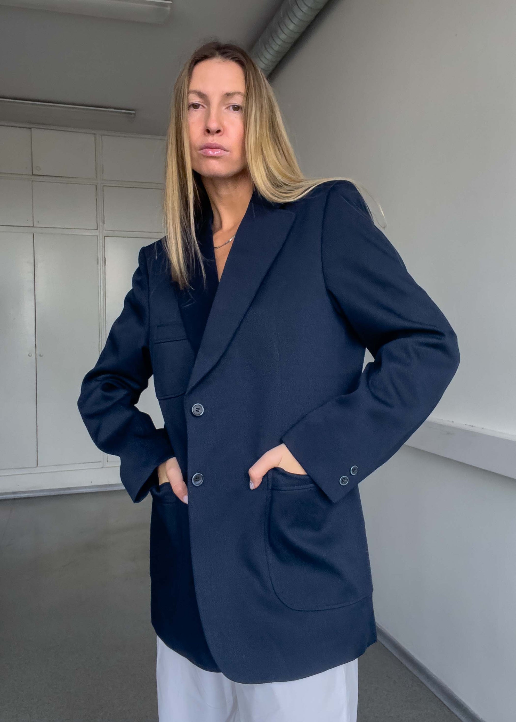 Vintage Navy Blue Textured Oversized Blazer