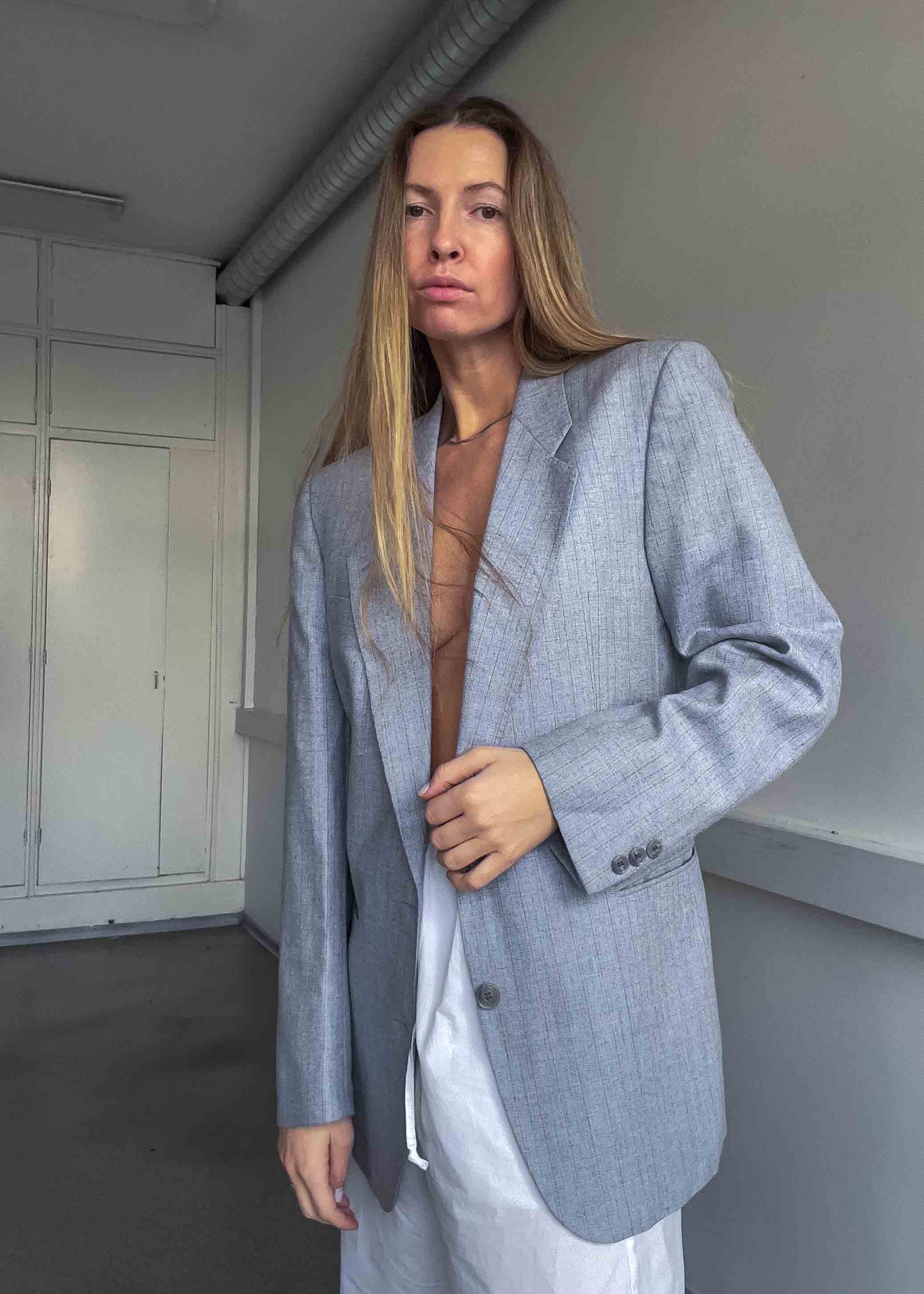 Vintage Light Grey Striped Oversized 100% WOOL Blazer