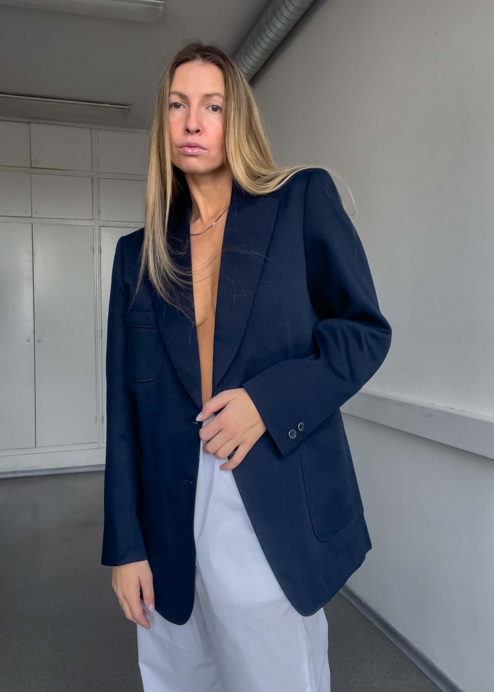 Vintage Navy Blue Textured Oversized Blazer
