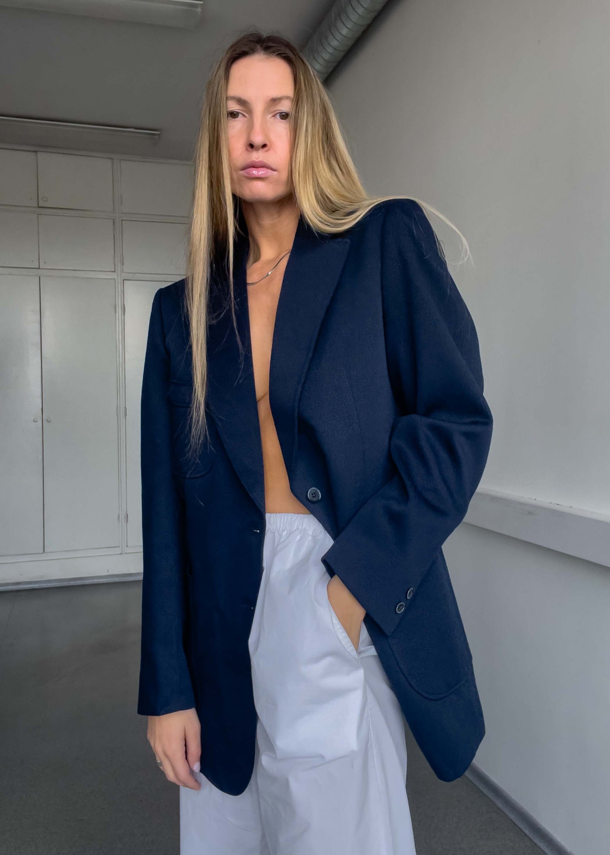 Vintage Navy Blue Textured Oversized Blazer