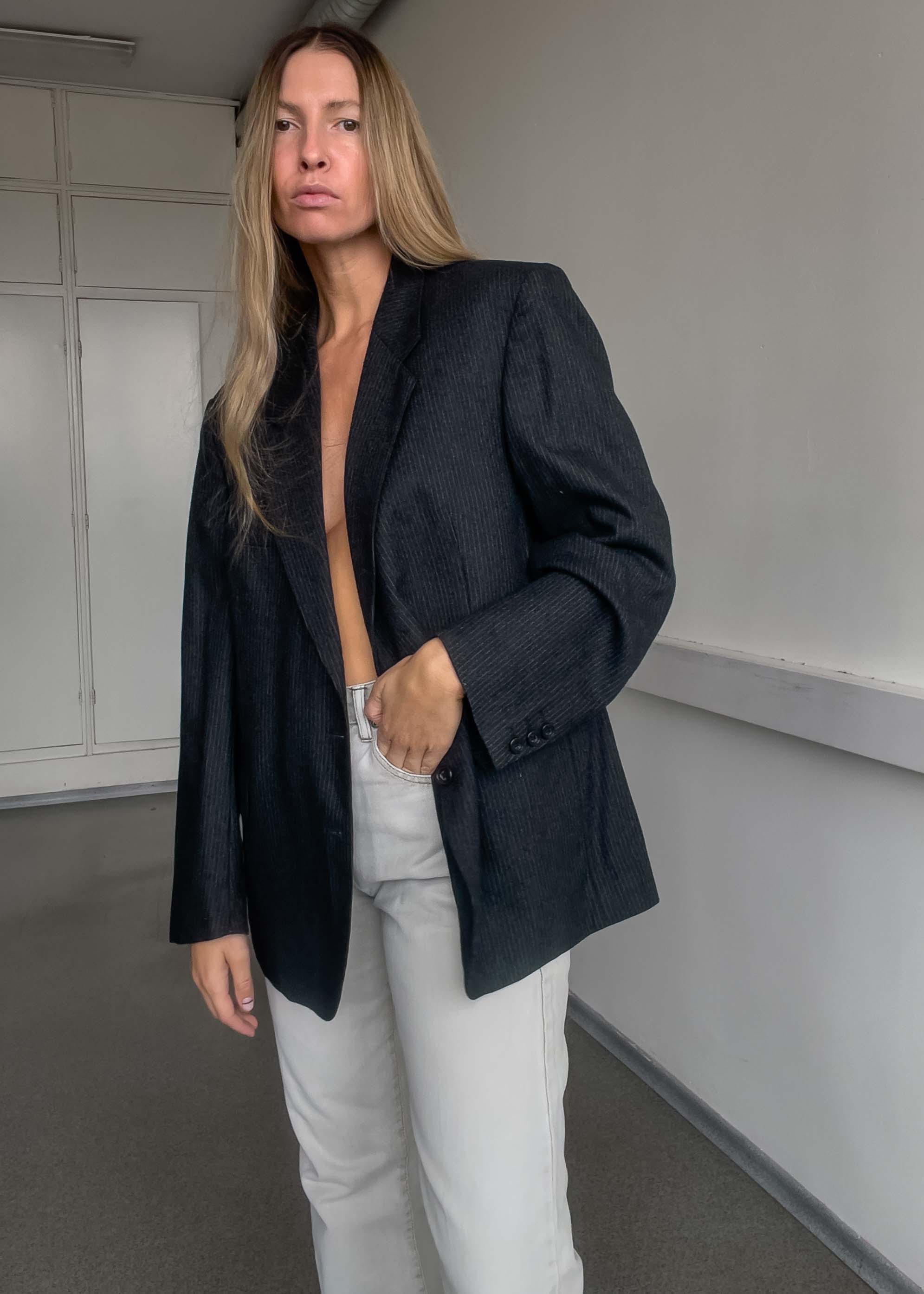 Vintage Grey Stripy Oversized Blazer