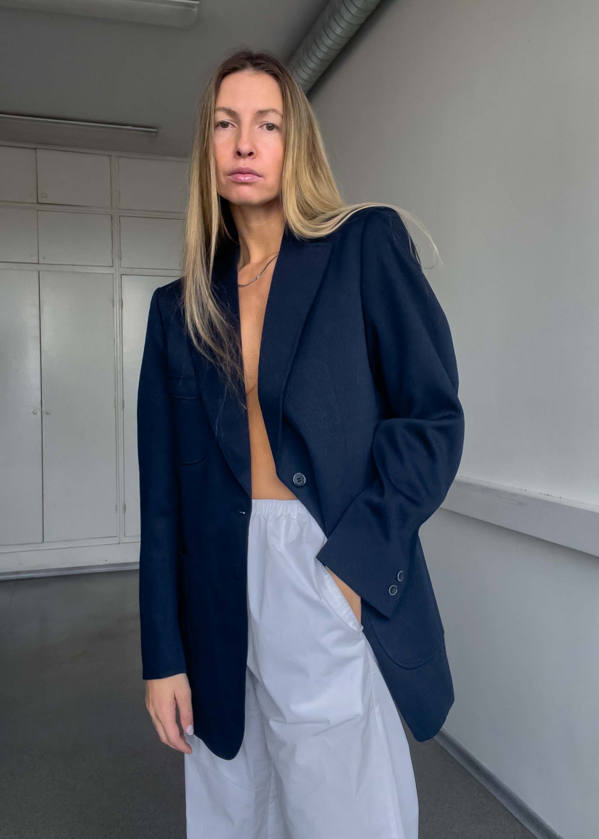 Vintage Navy Blue Textured Oversized Blazer