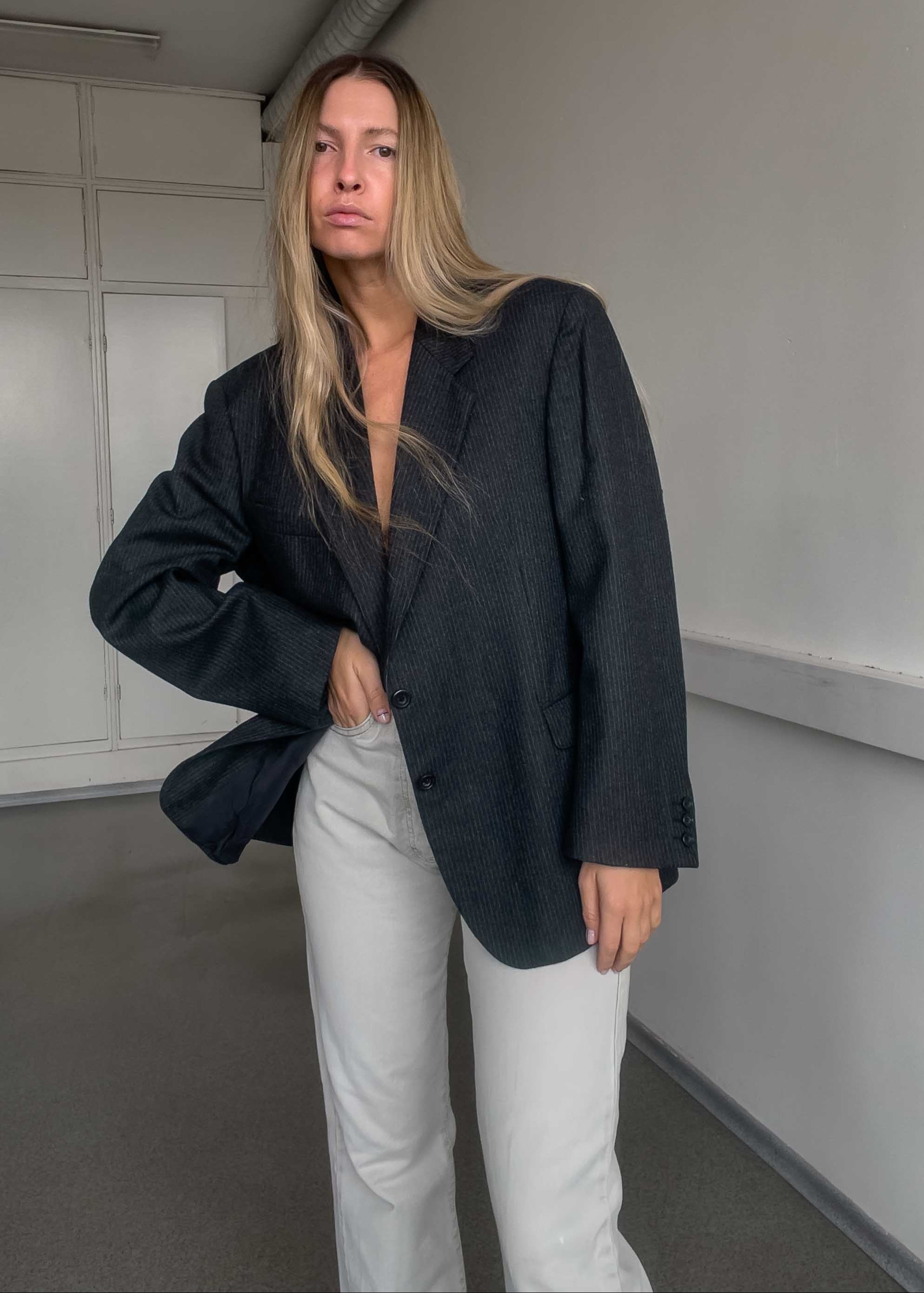 Vintage Grey Stripy Oversized Blazer