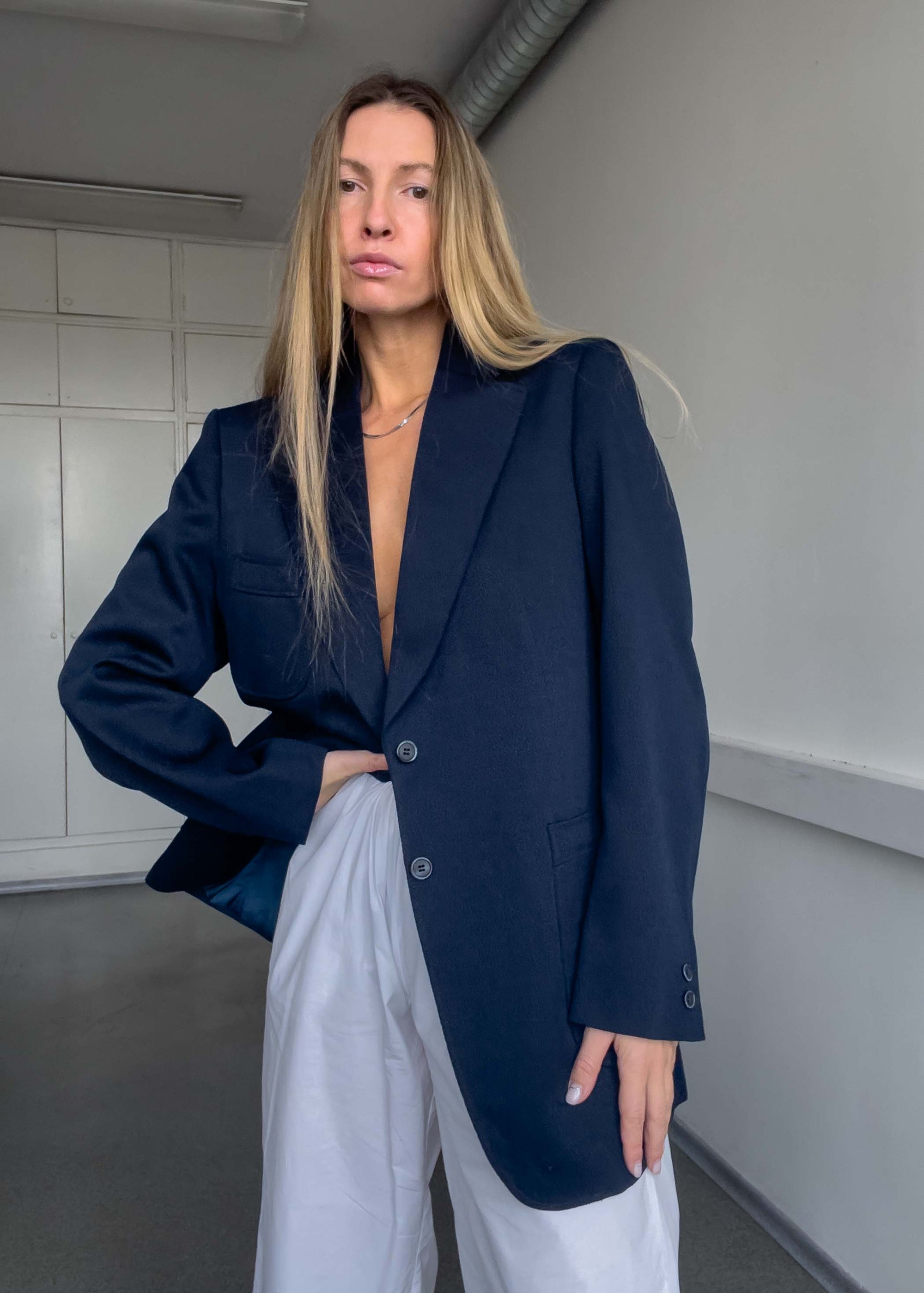 Vintage Navy Blue Textured Oversized Blazer