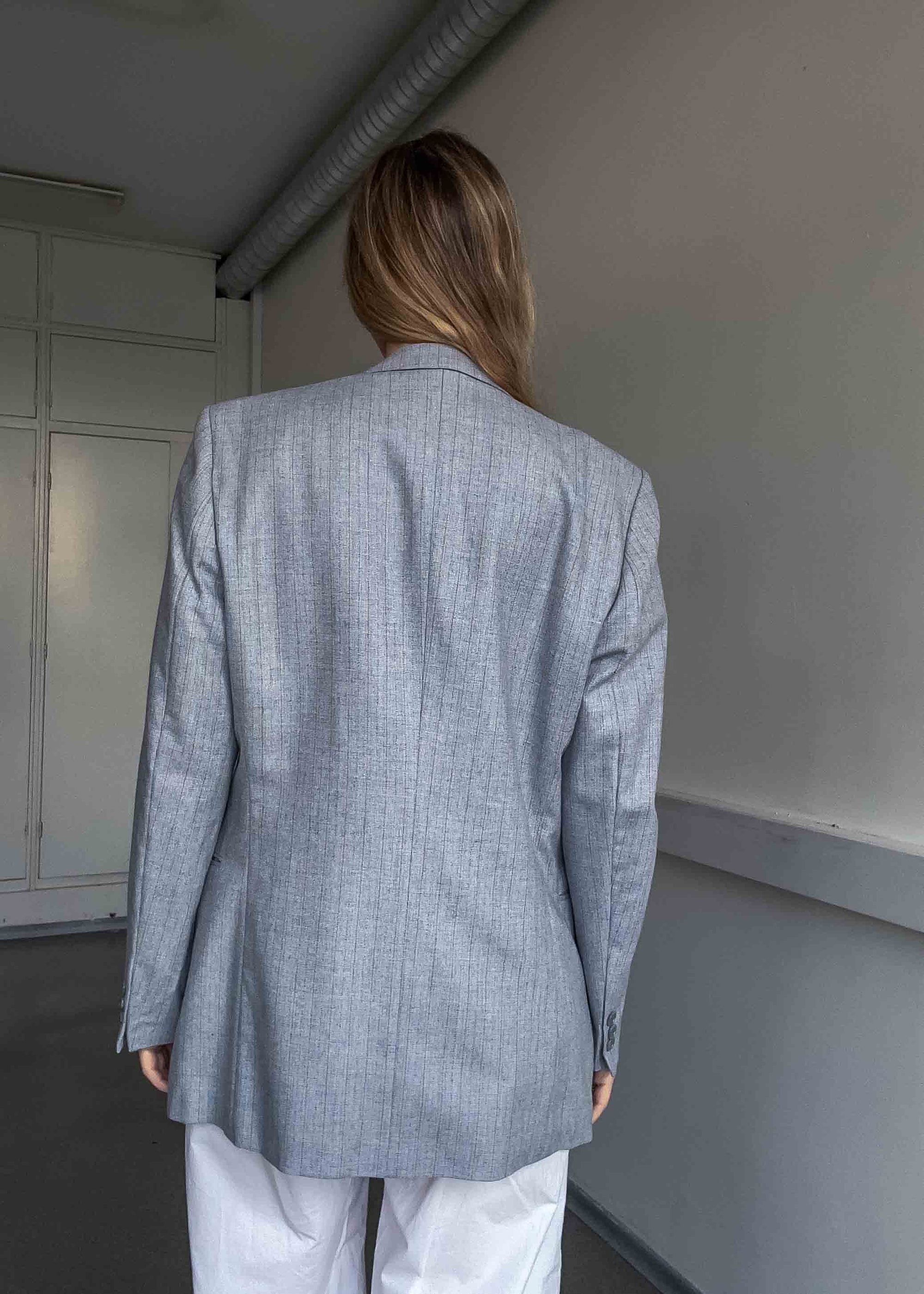 Vintage Light Grey Striped Oversized 100% WOOL Blazer