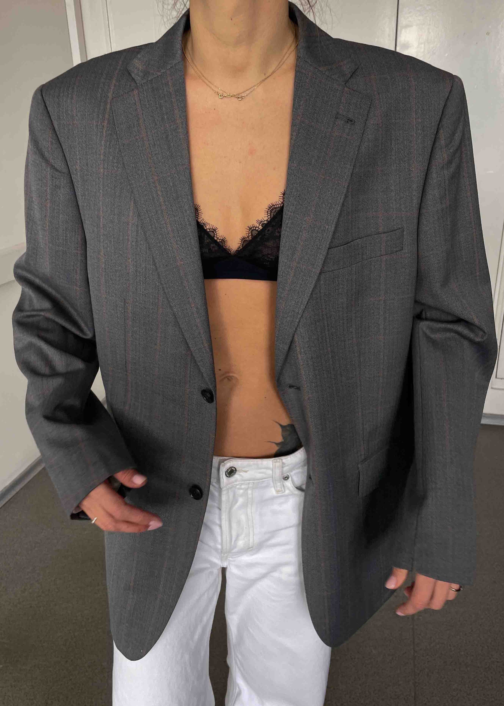 Vintage Grey Checked Oversized Blazer