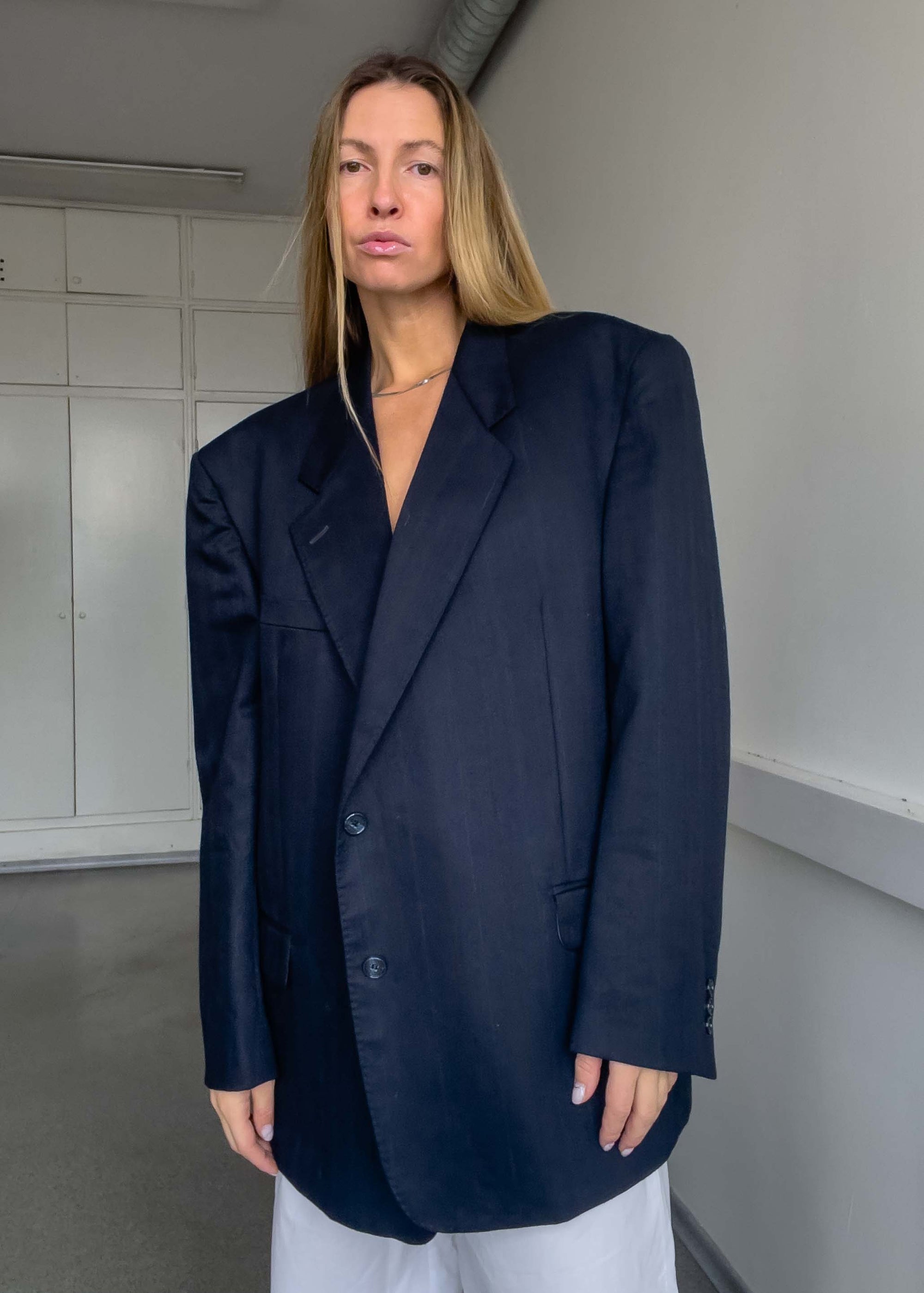 Vintage Navy Blue Striped Oversized Blazer