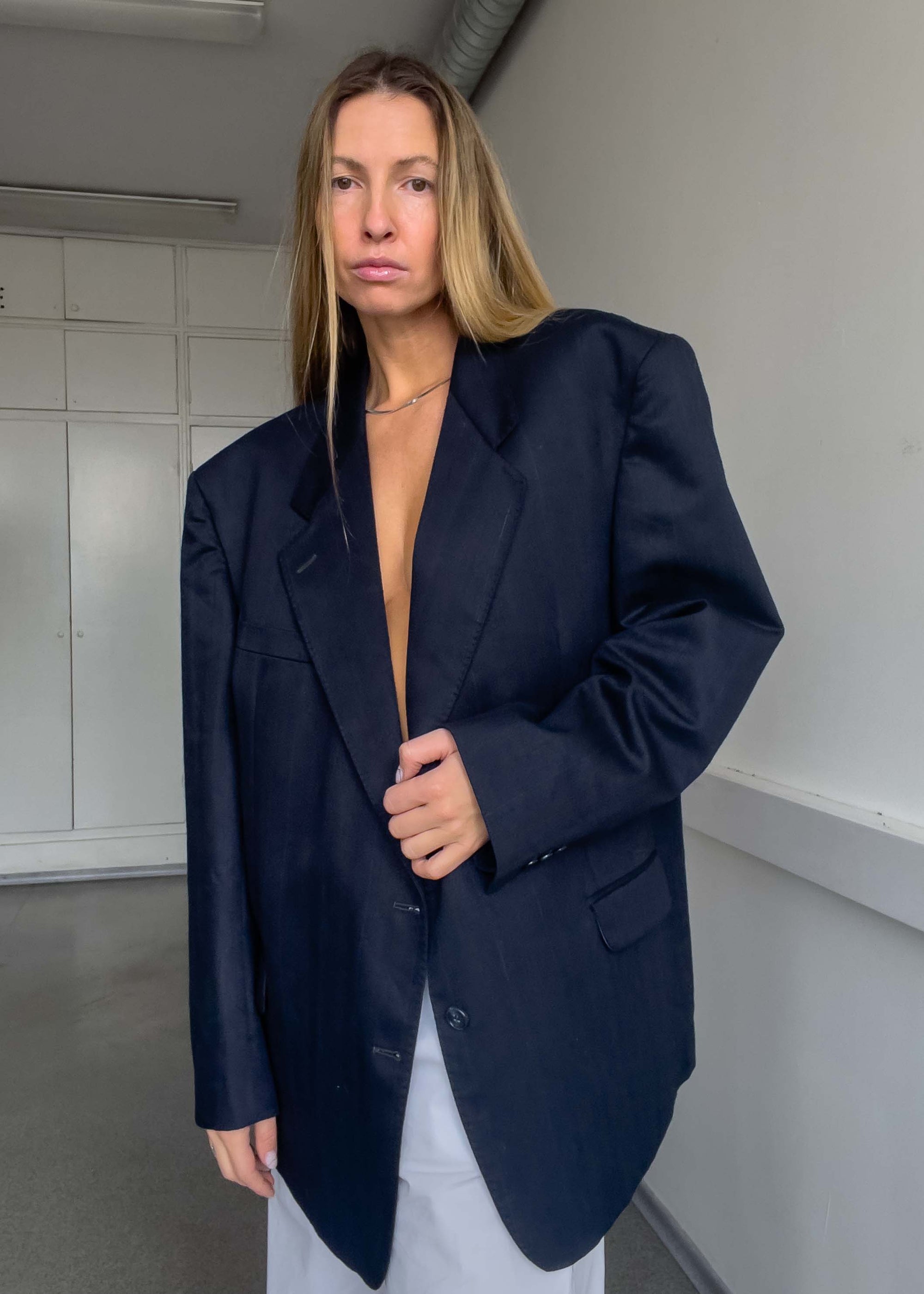 Vintage Navy Blue Striped Oversized Blazer